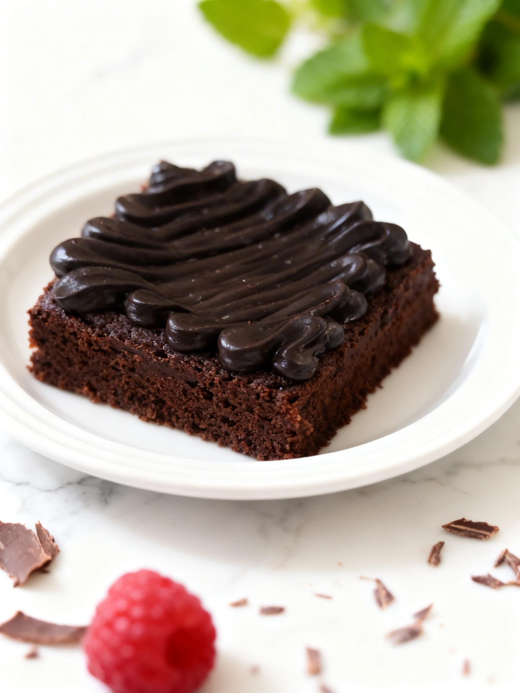A square chocolate cake topped with thick dark chocolate frosting piped in a diagonal zig-zag pattern.