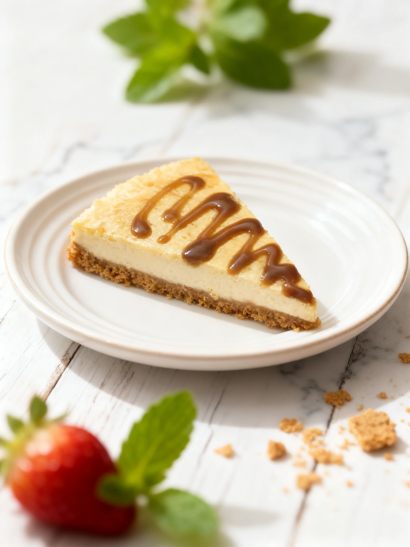A triangular slice of cheesecake with a graham cracker crust and a zigzag drizzle of caramel sauce.
