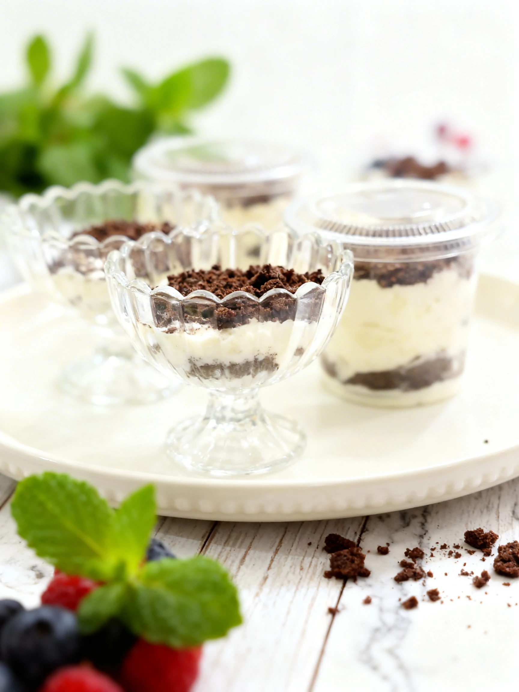 Layered dessert cups featuring alternating tiers of white cream and dark chocolate cookie or cake crumbles.