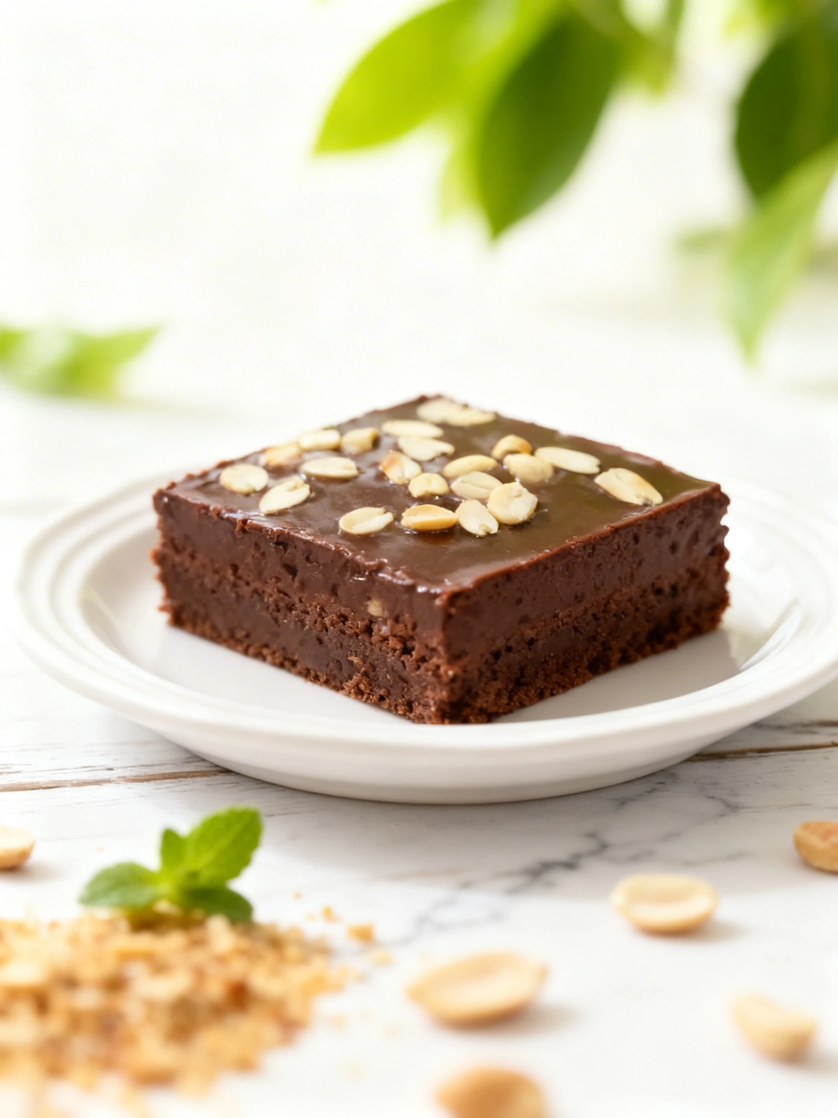 A square chocolate dessert topped with halved peanuts.