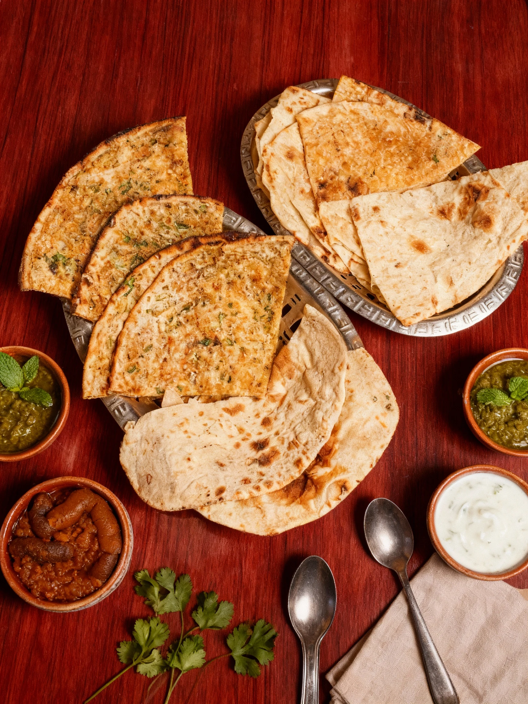 A platter featuring a variety of freshly baked Indian flatbreads, including plain naan and savory naan garnished with chopped herbs and possibly sesame seeds, a
