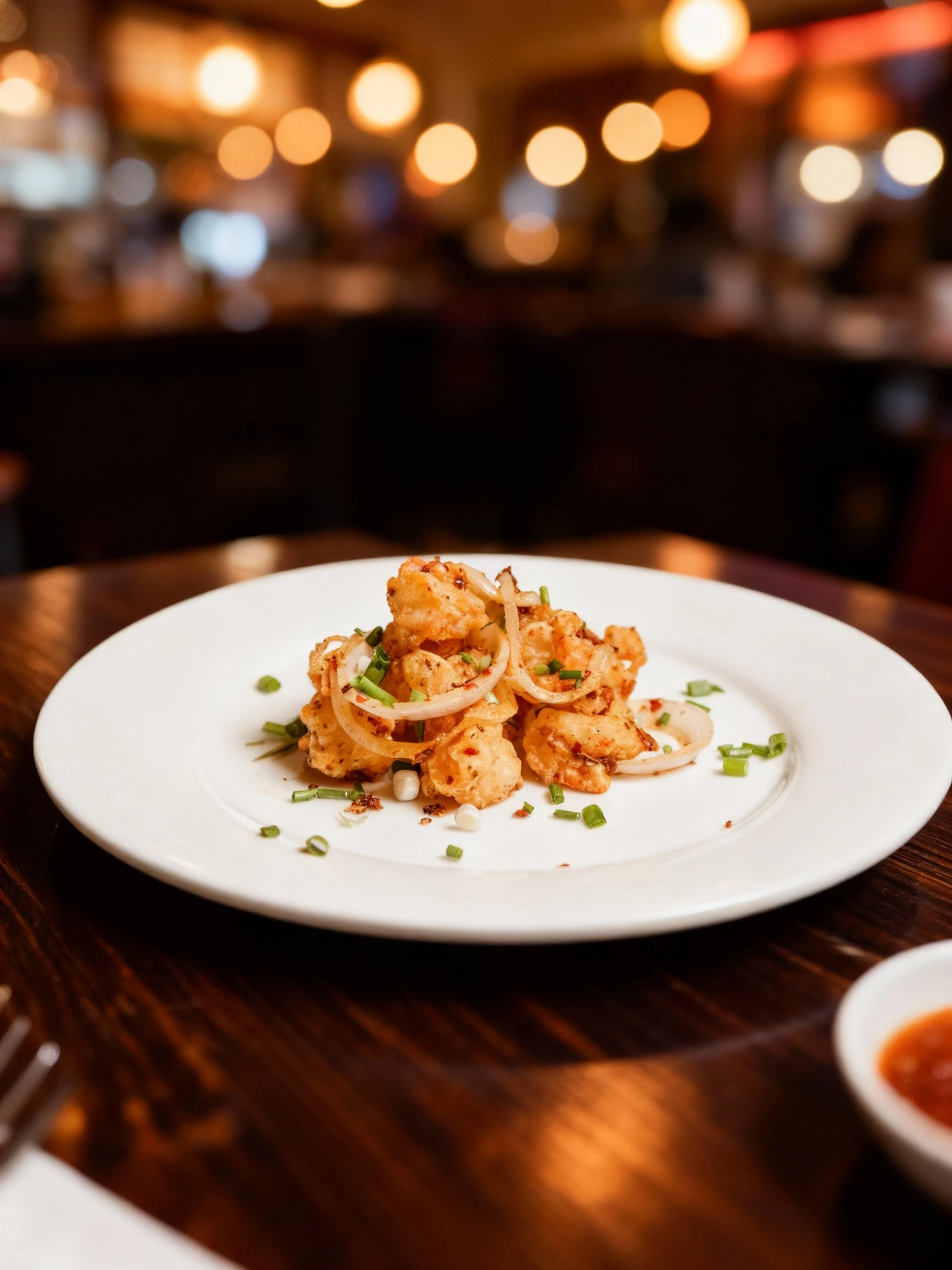 A serving of deep-fried, battered seafood or vegetables, heavily seasoned with chili flakes and spices, piled high on a white plate. The dish is garnished with