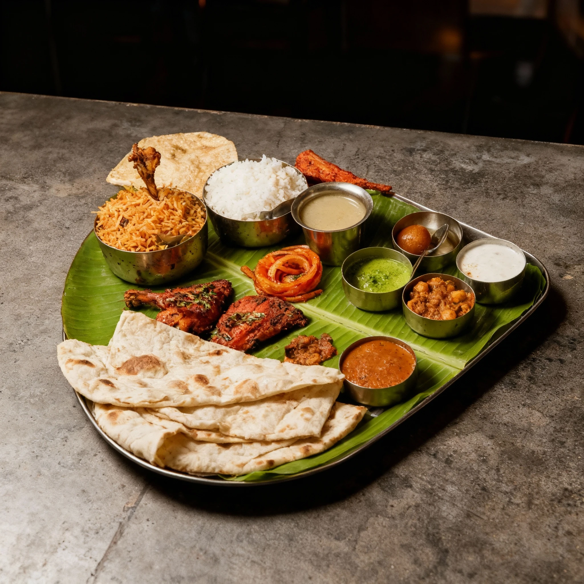 A traditional Indian Thali served on a banana leaf featuring tandoori chicken, biryani, white rice, naan, and various side dishes like chana masala and gulab ja