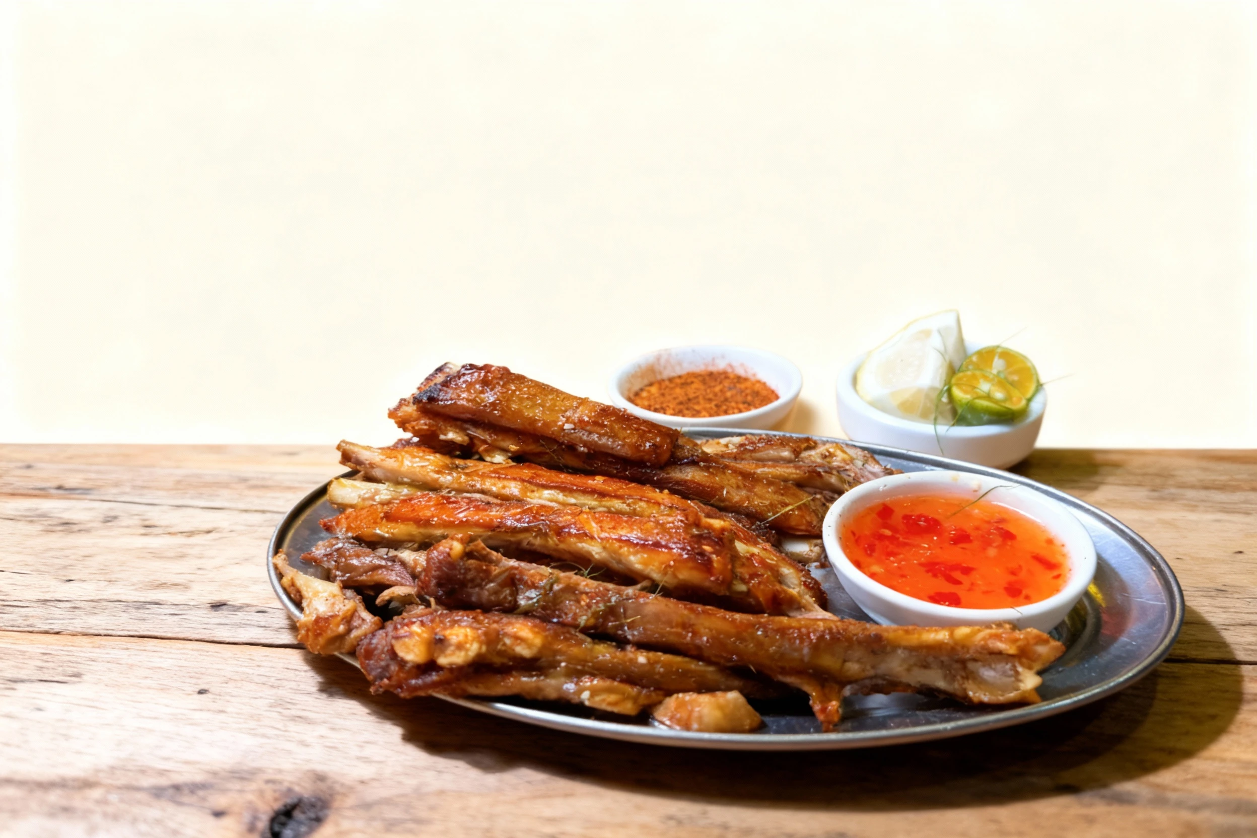 Grilled pork ribs served on a metal platter with a sweet chili dipping sauce, accompanied by side bowls of dry chili spice and fresh citrus wedges.