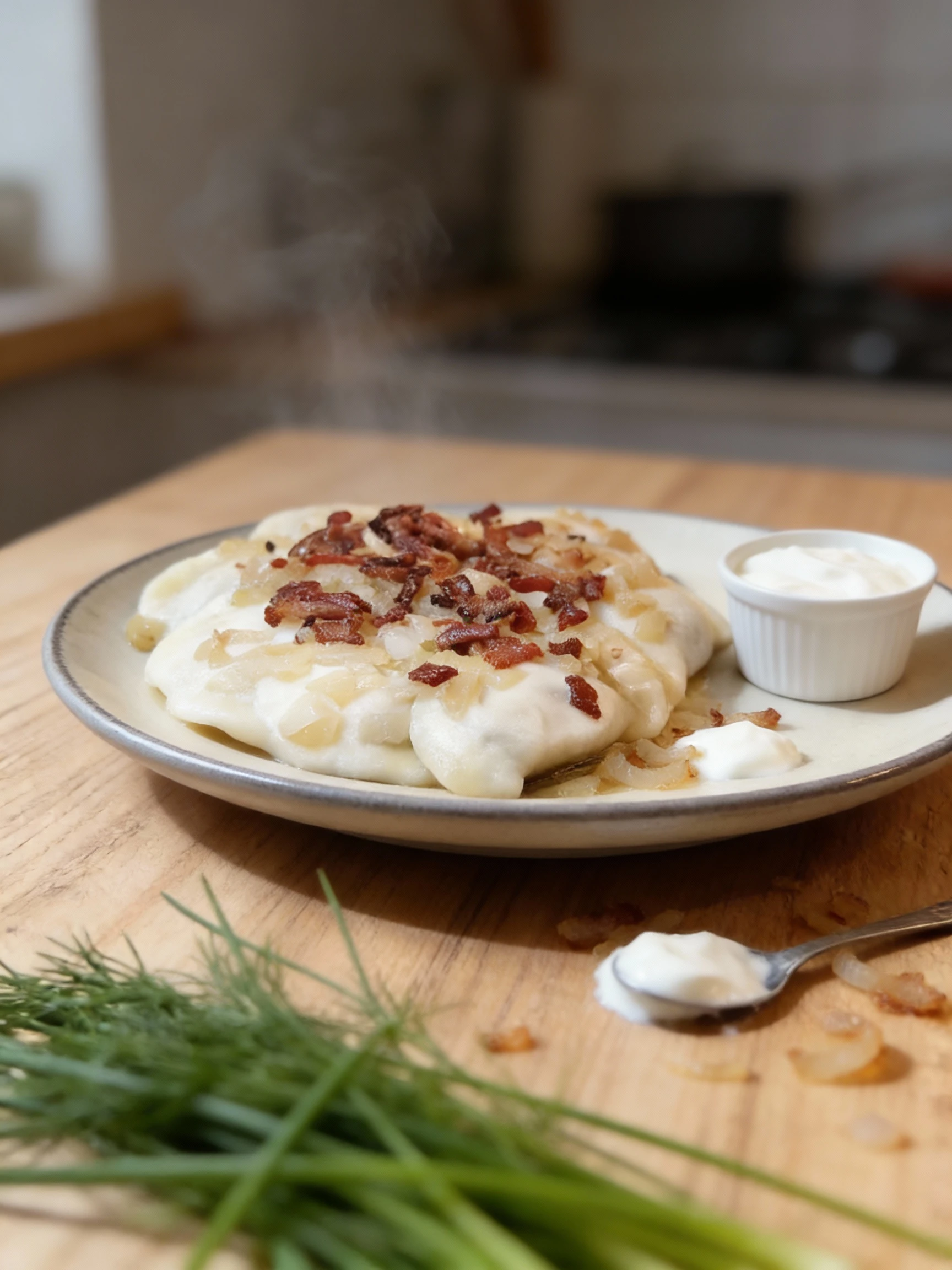 A plate of stuffed dumplings (likely pierogi) heavily topped with diced, sautéed onions and pieces of crispy fried bacon or pork lardons, served with a side of