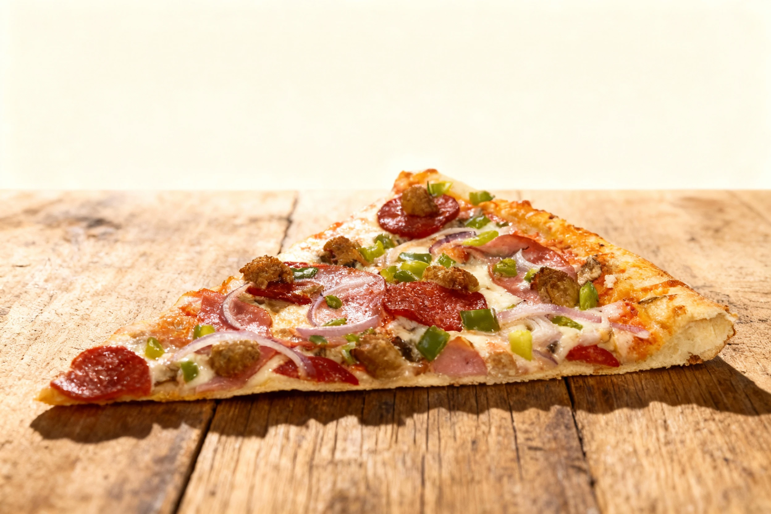 A slice of supreme pizza topped with pepperoni, sausage, ham, red onions, and green bell peppers on a thin crust.
