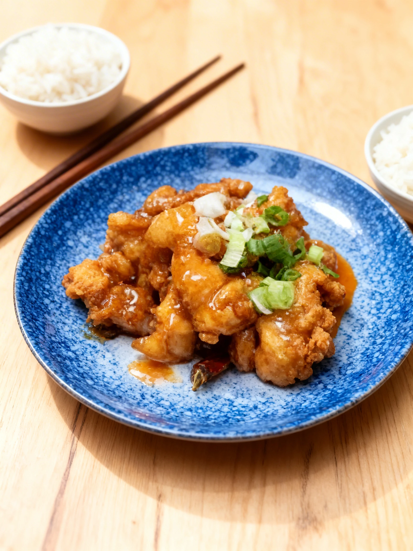 Crispy fried chicken pieces coated in a glossy orange sauce and topped with sliced green onions.
