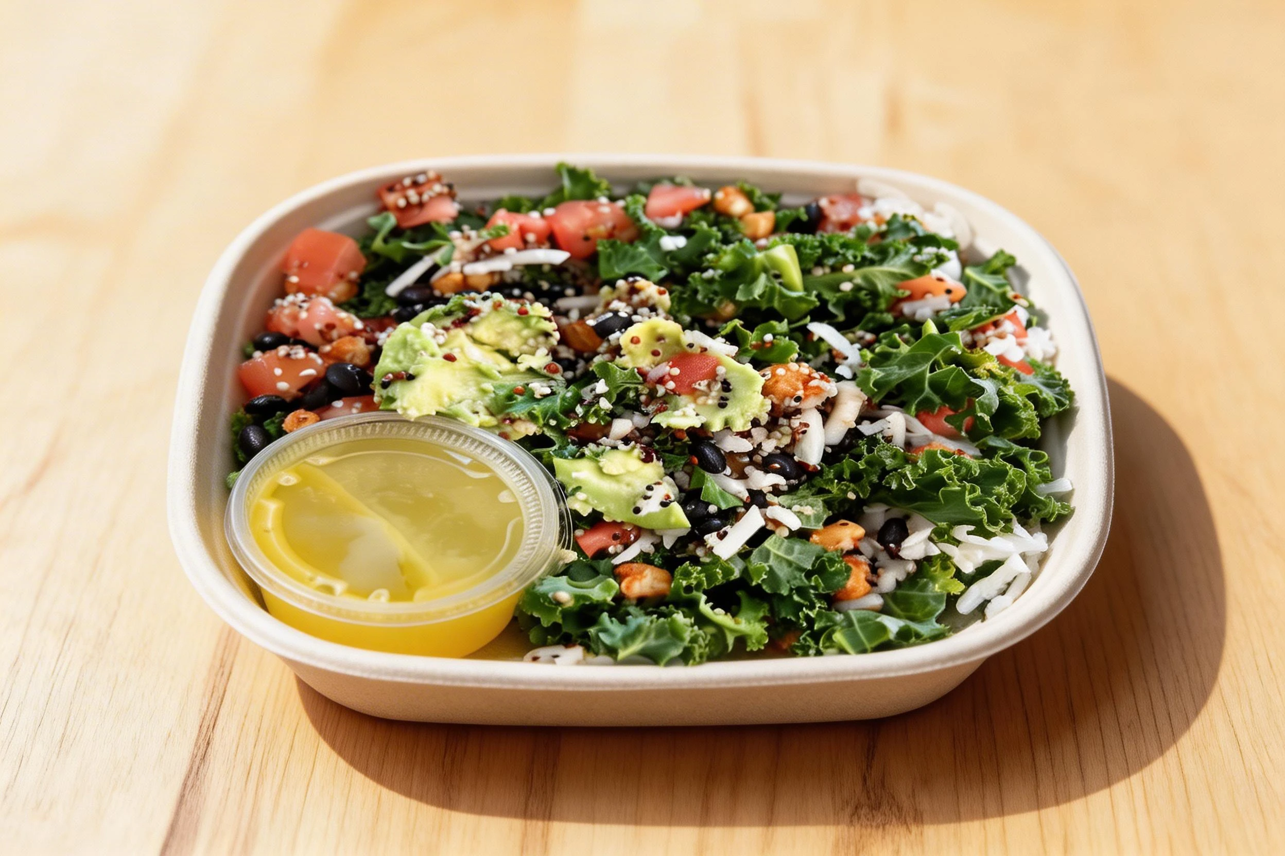 A kale and quinoa salad bowl featuring sliced avocado, diced tomatoes, black beans, and white rice with a side of citrus vinaigrette.