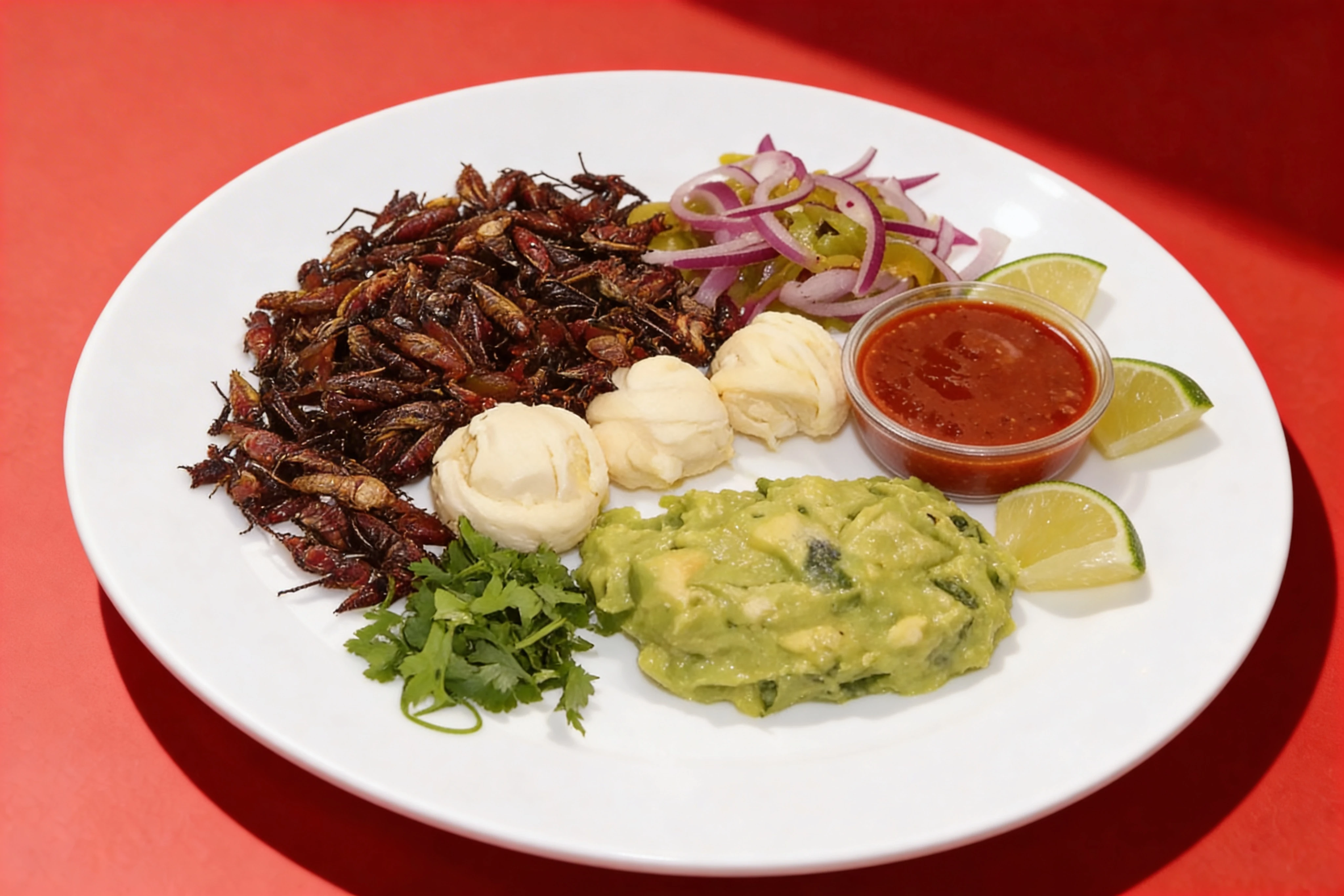 Toasted grasshoppers served with chunky guacamole, fresh Oaxaca cheese balls, pickled red onions, and lime wedges with a side of red salsa.