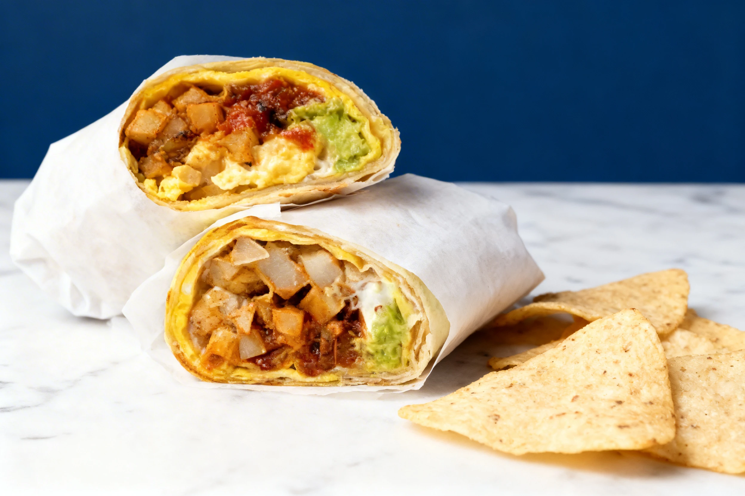 Cross-section of a breakfast burrito filled with diced potatoes, melted cheese, scrambled eggs, and salsa, served with a side of tortilla chips.