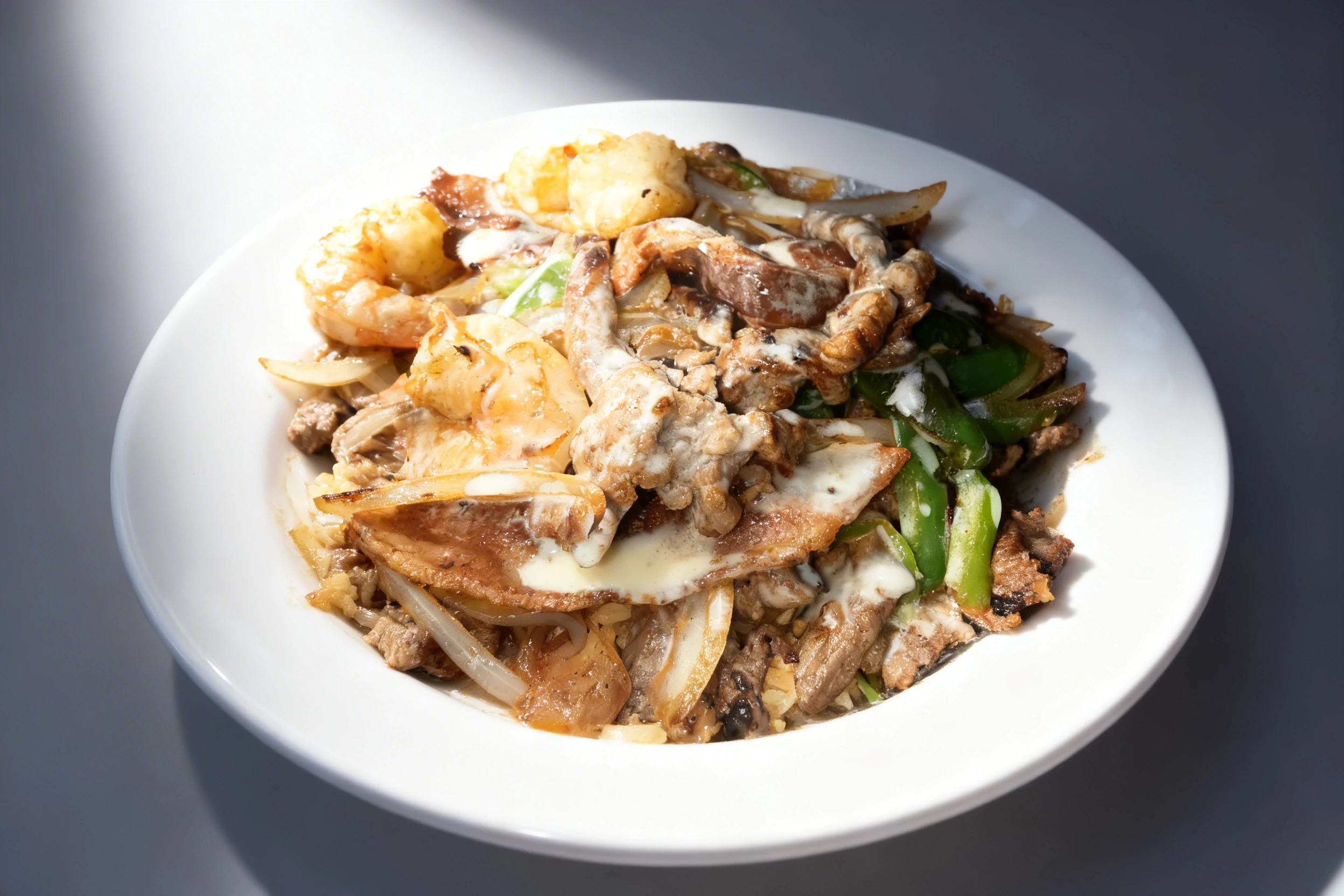 Grilled steak and shrimp fajitas topped with melted white queso, sautéed onions, and green bell peppers.