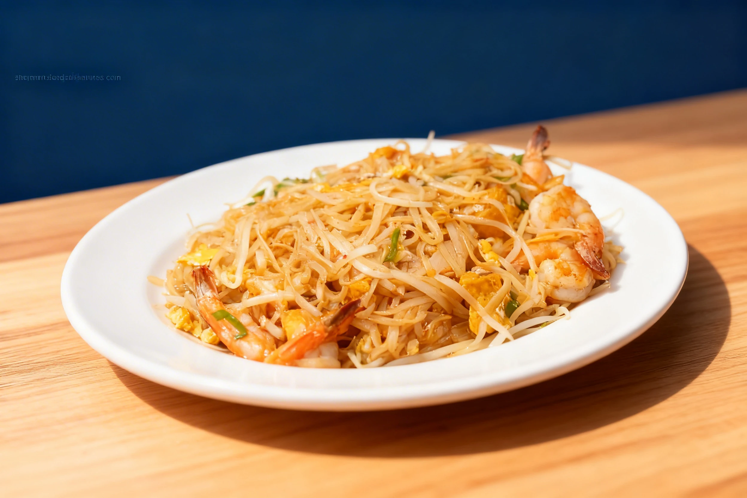 Pad Thai featuring rice noodles tossed with shrimp, scrambled egg, bean sprouts, and green onions.
