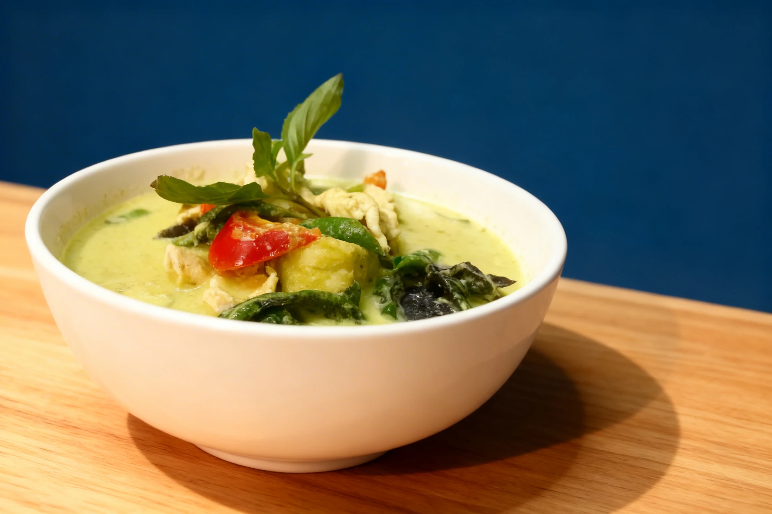 Thai green curry containing sliced chicken breast, red bell peppers, green beans, and fresh basil leaves in a coconut milk broth.