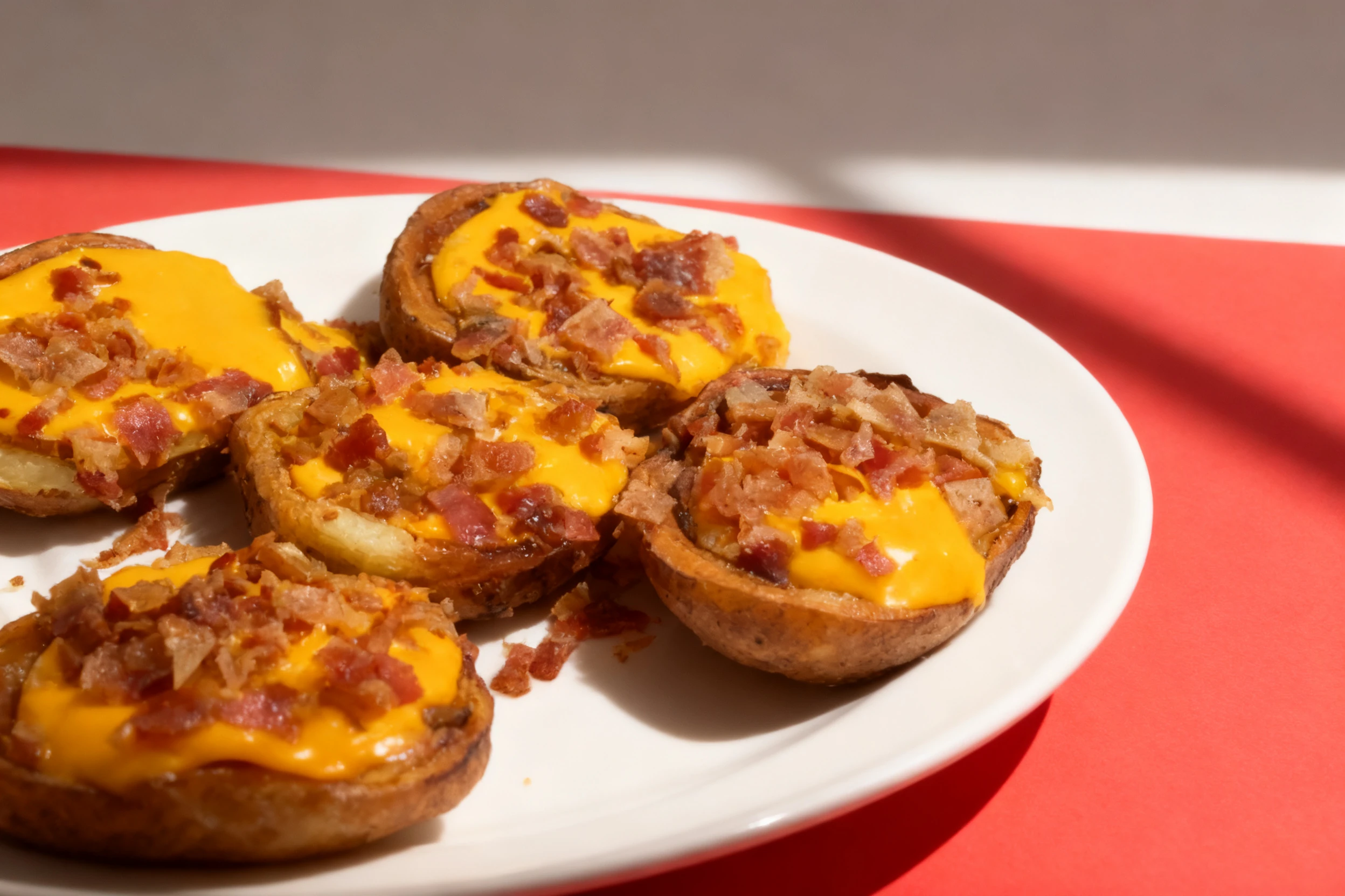Loaded potato skins topped with melted cheddar cheese sauce and crispy bacon bits.