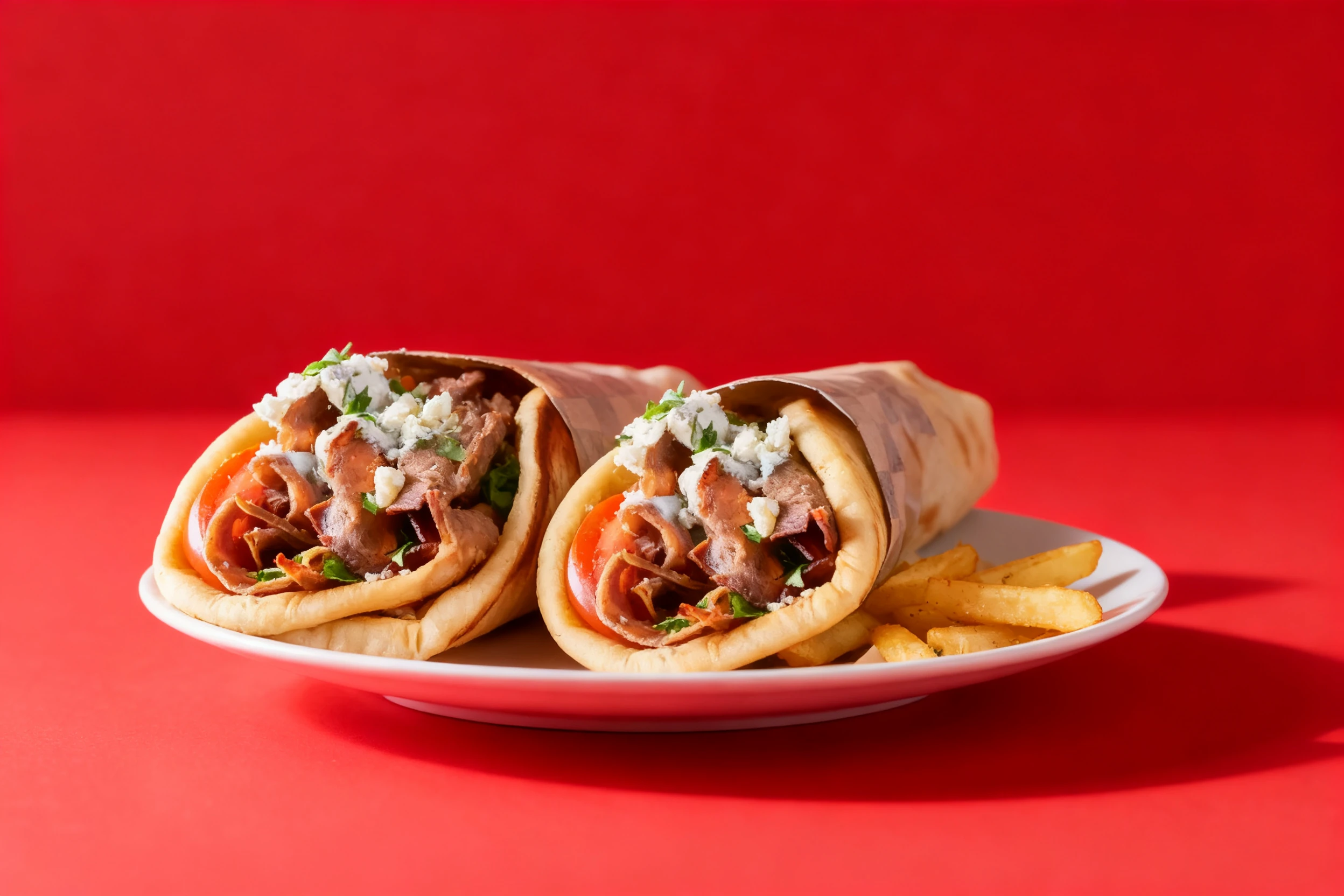 Greek gyros featuring thin slices of roasted meat, sliced tomatoes, fresh herbs, and crumbled feta cheese wrapped in a warm pita bread, served with a side of th