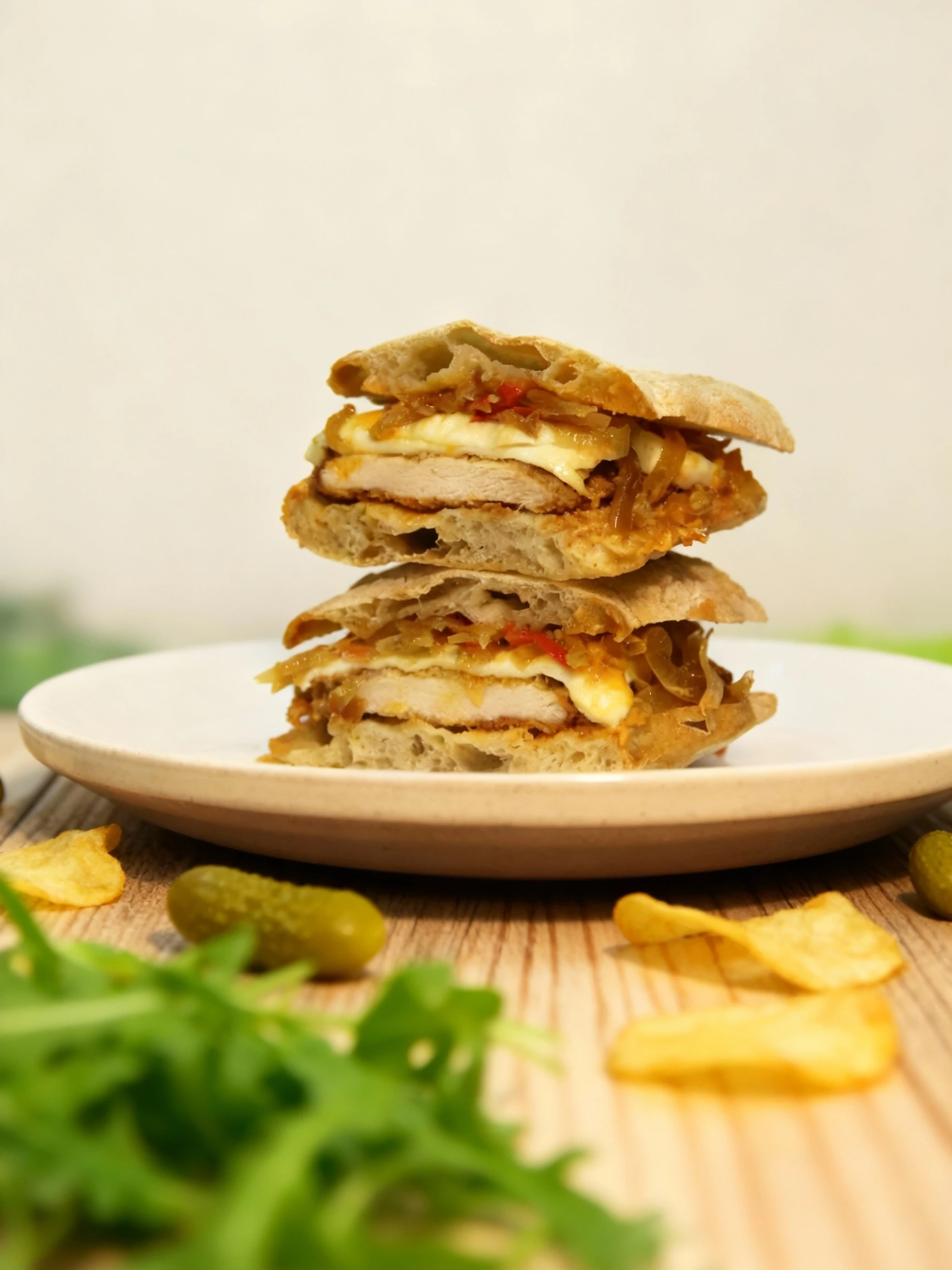 Two halves of a hearty sandwich are stacked, featuring a breaded cutlet topped with melted white cheese and a mixture of caramelized onions and red pepper strip