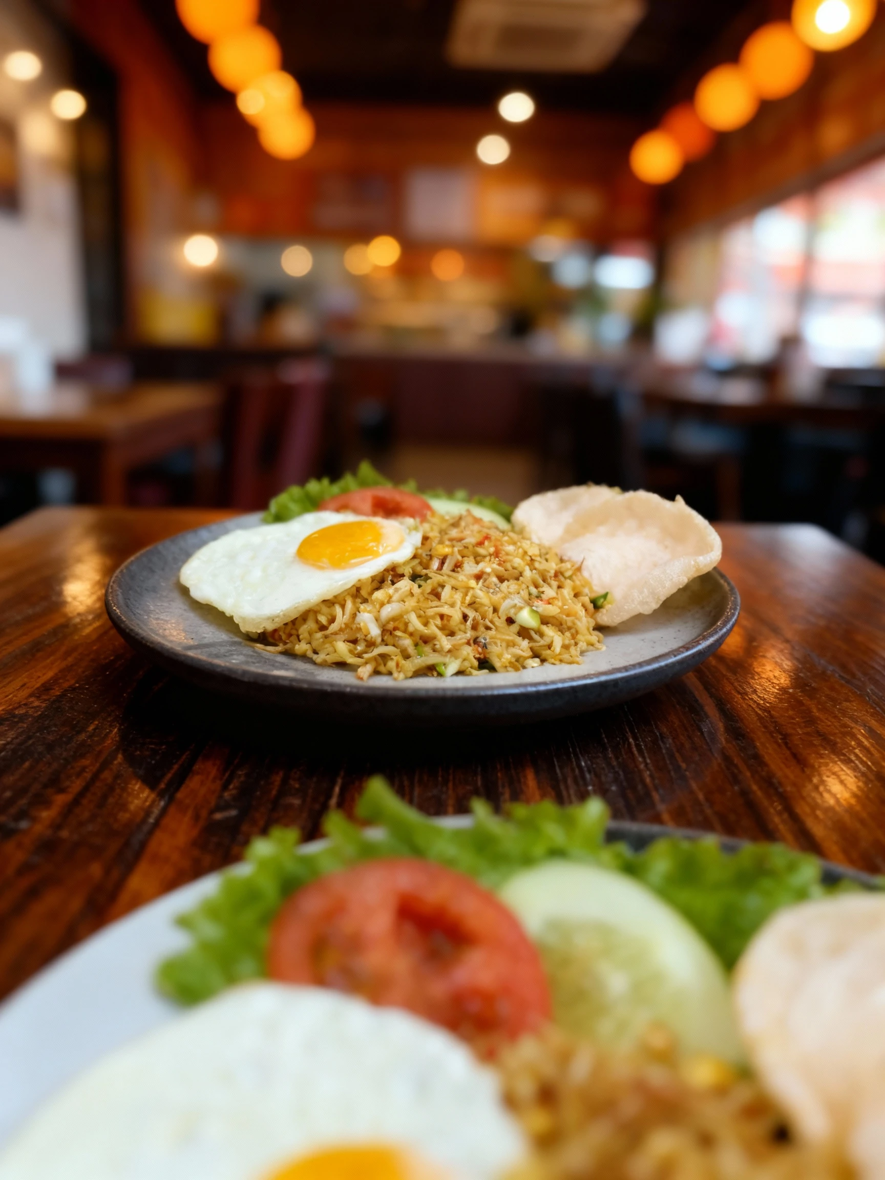 This is a plate of Indonesian fried rice (Nasi Goreng) topped with a sunny-side-up egg, served alongside fresh lettuce, tomato, cucumber, and traditional shrimp