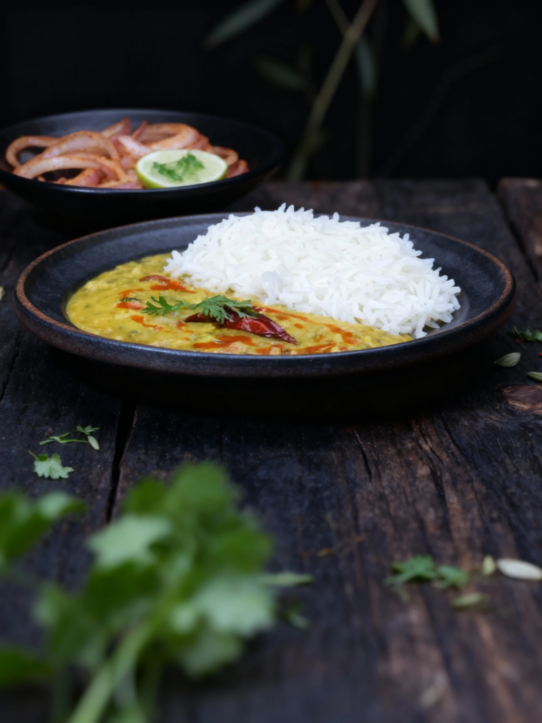 An Indian meal featuring fluffy white rice and creamy Daal Tarka, garnished with cilantro and a dried red chili, packaged in a black compartmentalized container