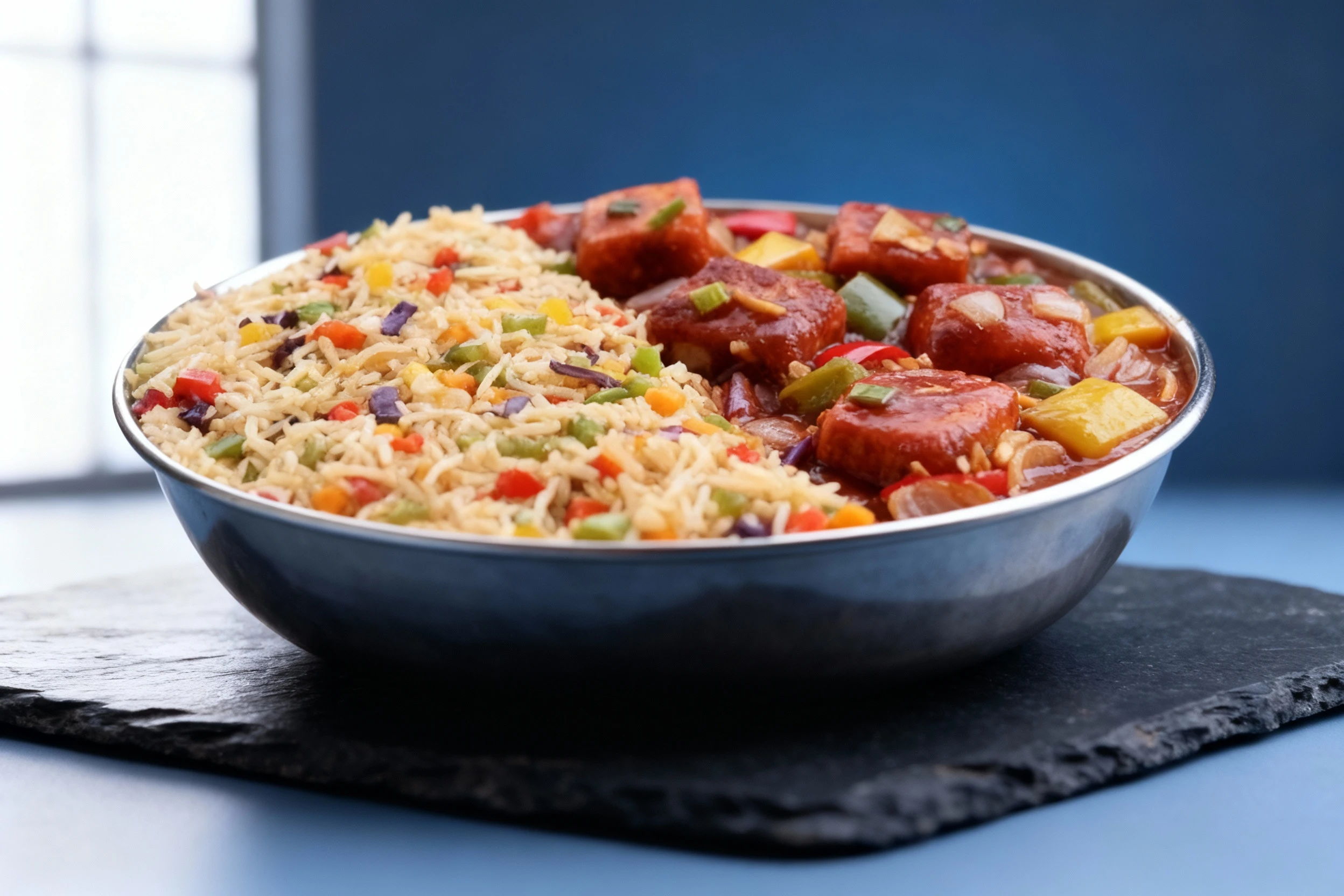 A combination meal featuring vegetable fried rice studded with diced carrots and bell peppers, plated alongside a saucy Indo-Chinese style dish containing large