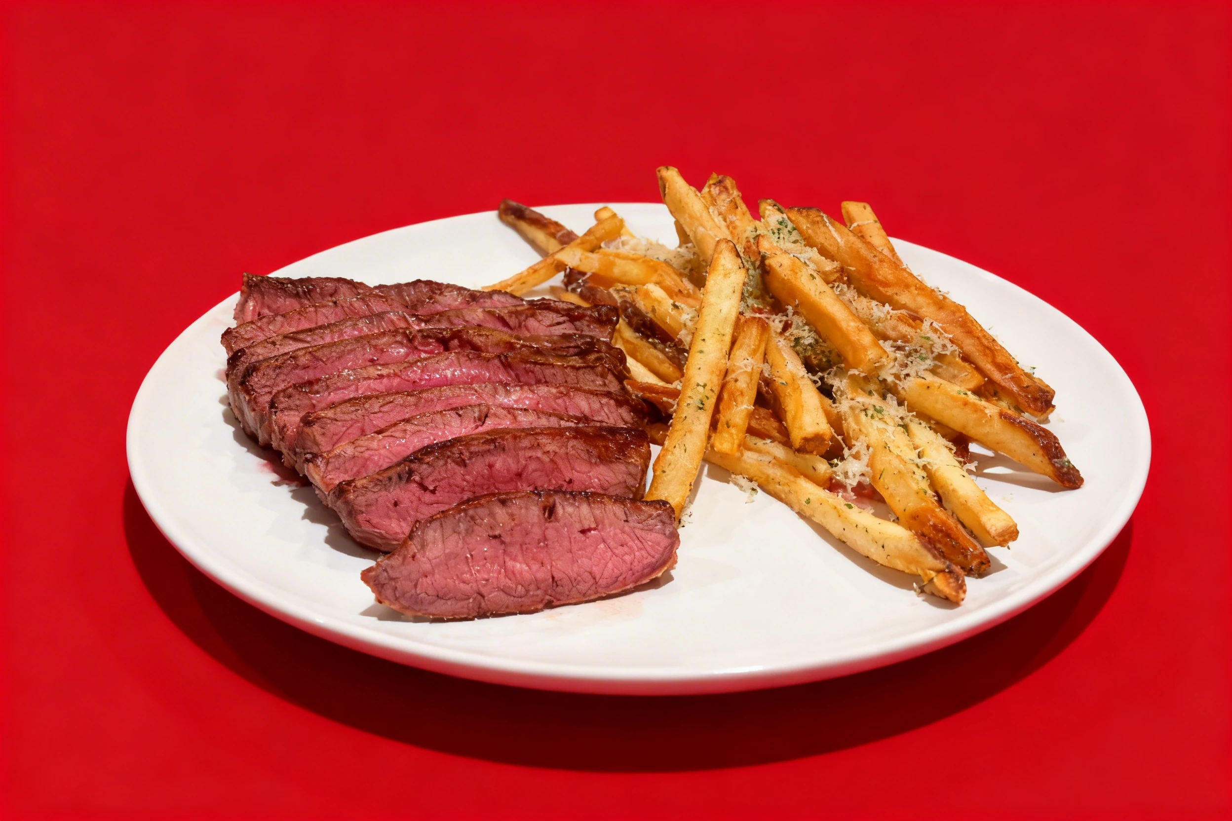 Slices of medium-rare seared steak served with a side of golden French fries topped with grated parmesan and herbs.