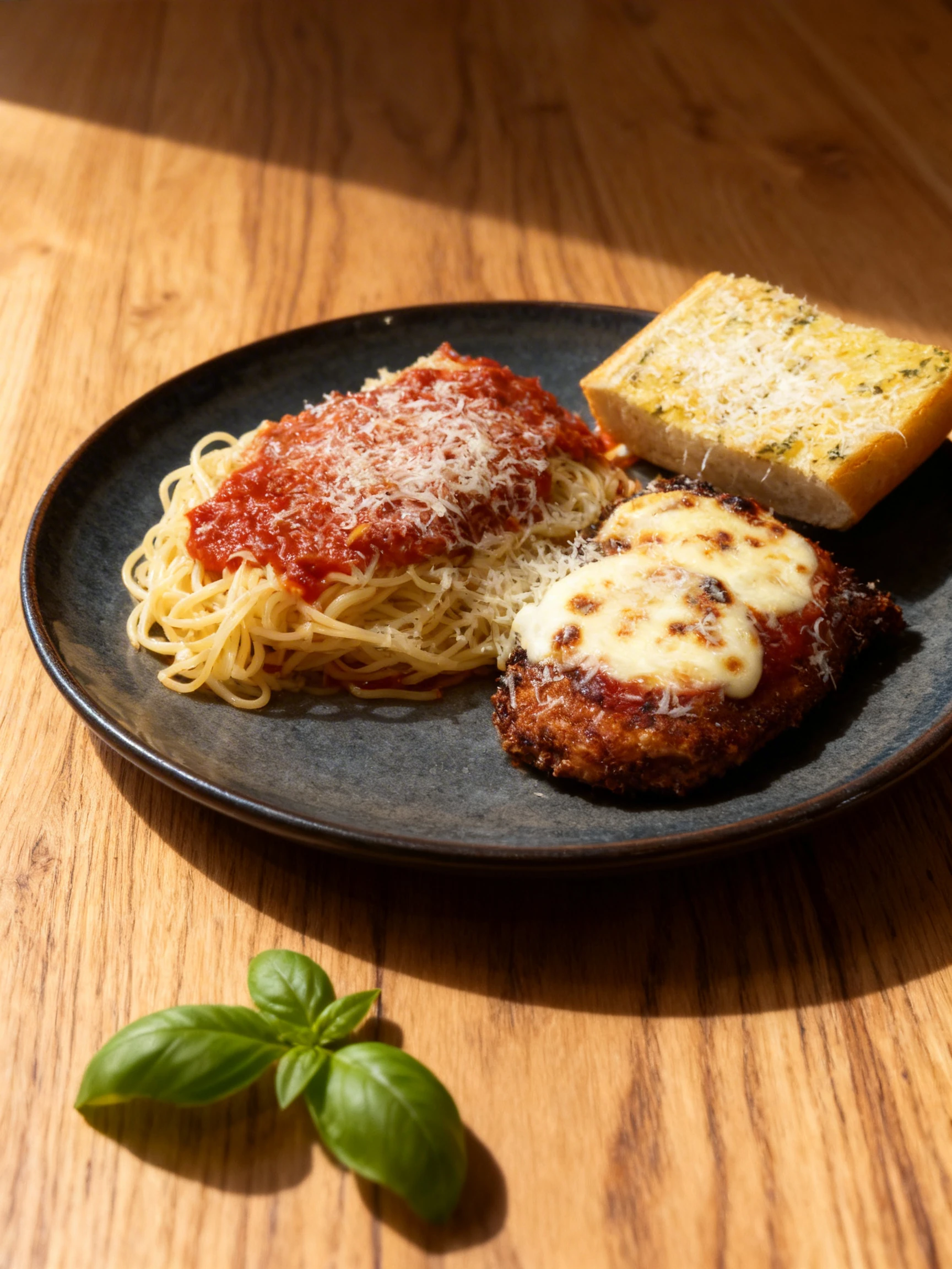Chicken parmesan topped with melted mozzarella and tomato sauce, served alongside spaghetti with marinara and a thick slice of herb-topped garlic bread.
