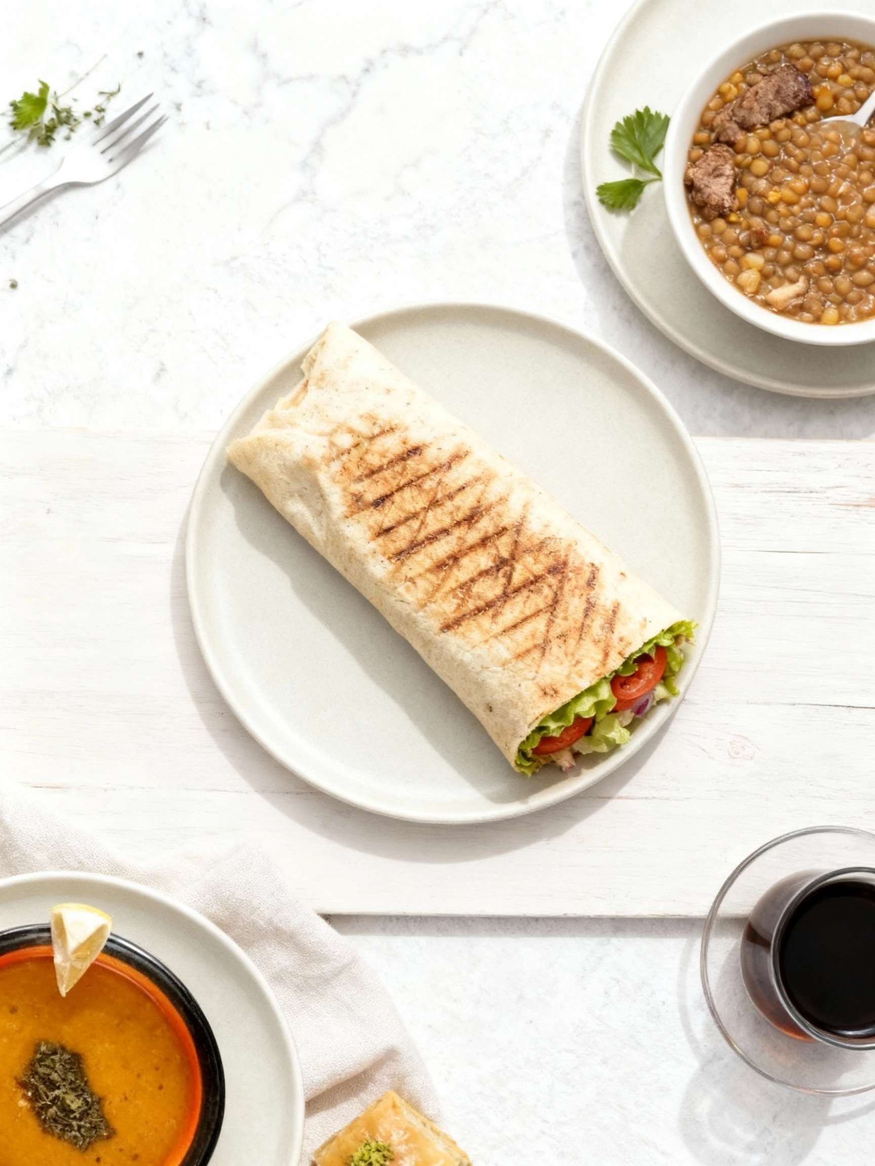 This image presents a collage of popular items, including a bowl of lentil soup topped with dried herbs and a lemon wedge, a grilled meat wrap filled with lettu
