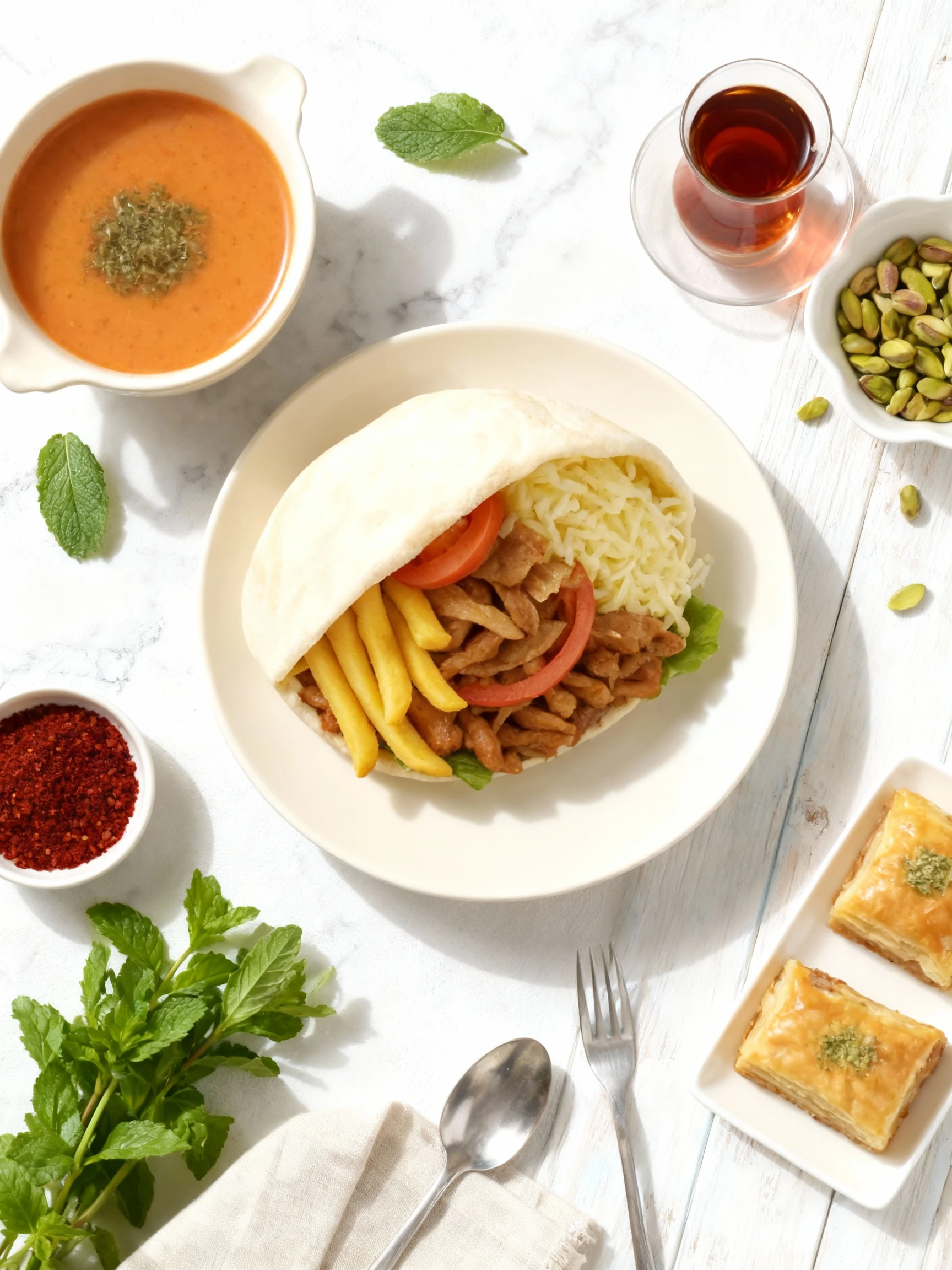 This is a complete meal set featuring a stuffed pita bread pocket containing shaved meat, French fries, rice, lettuce, and sliced tomatoes. It is served alongsi