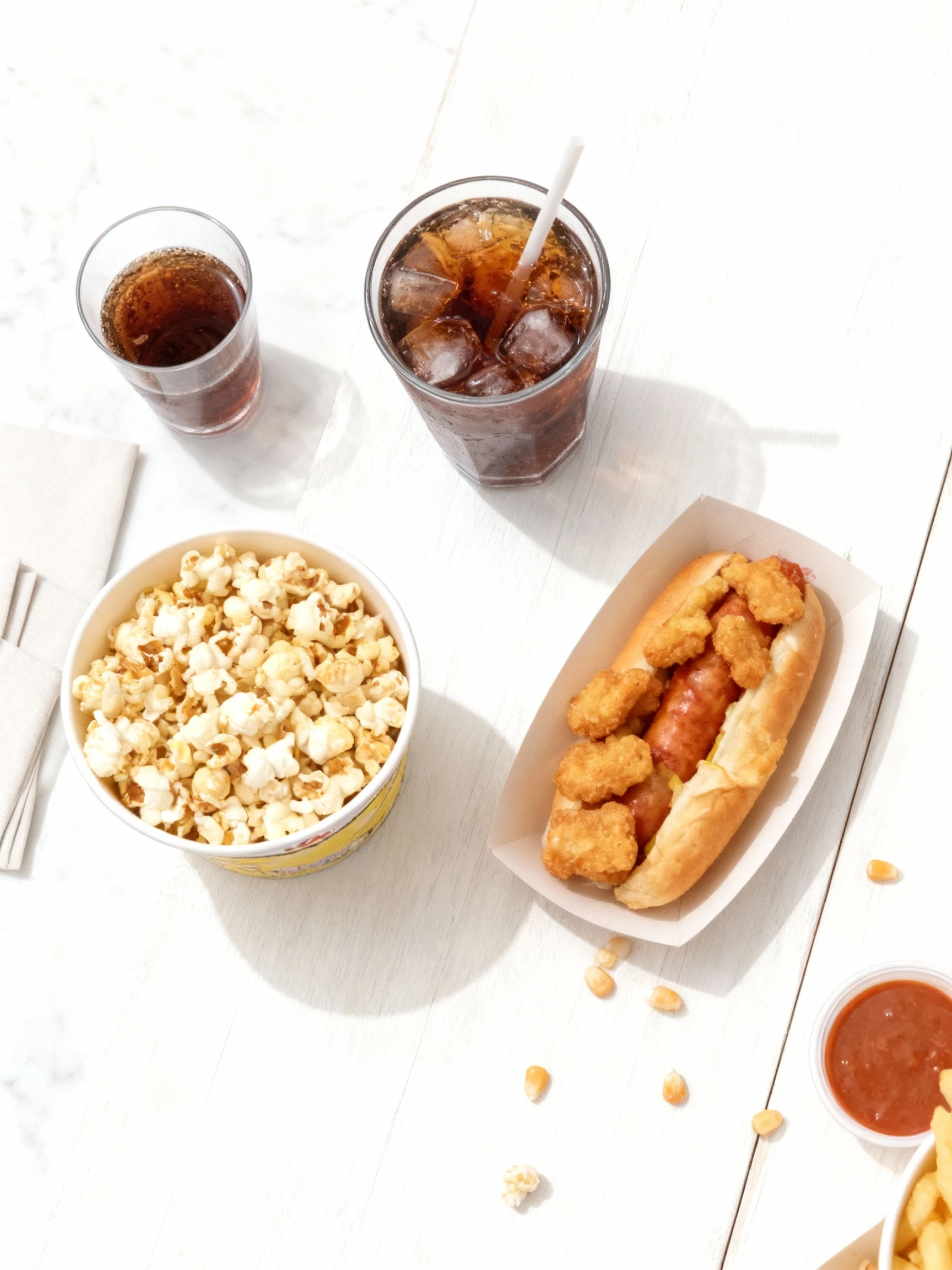 The image displays various cinema concession combos featuring large portions of savory or sweet popcorn and chilled soda drinks in branded cups. The snacks show