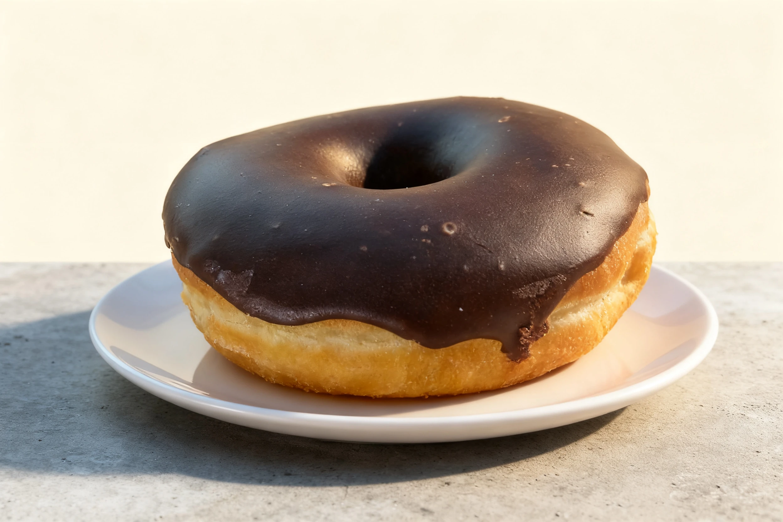 A yeast-raised ring donut topped with smooth chocolate ganache frosting.