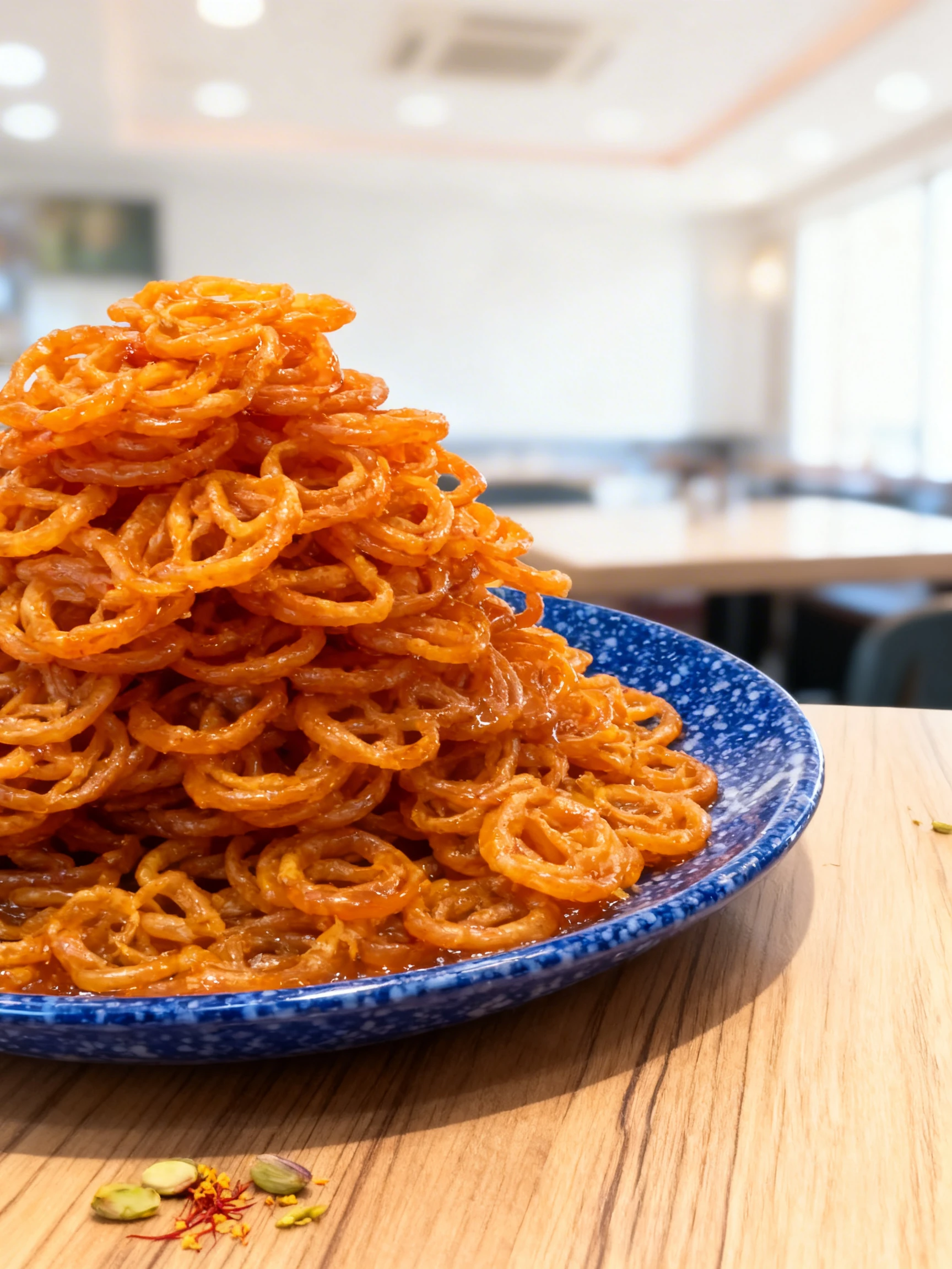 Large pile of syrupy orange jalebi spirals stacked in a metal tray with serving tongs.
