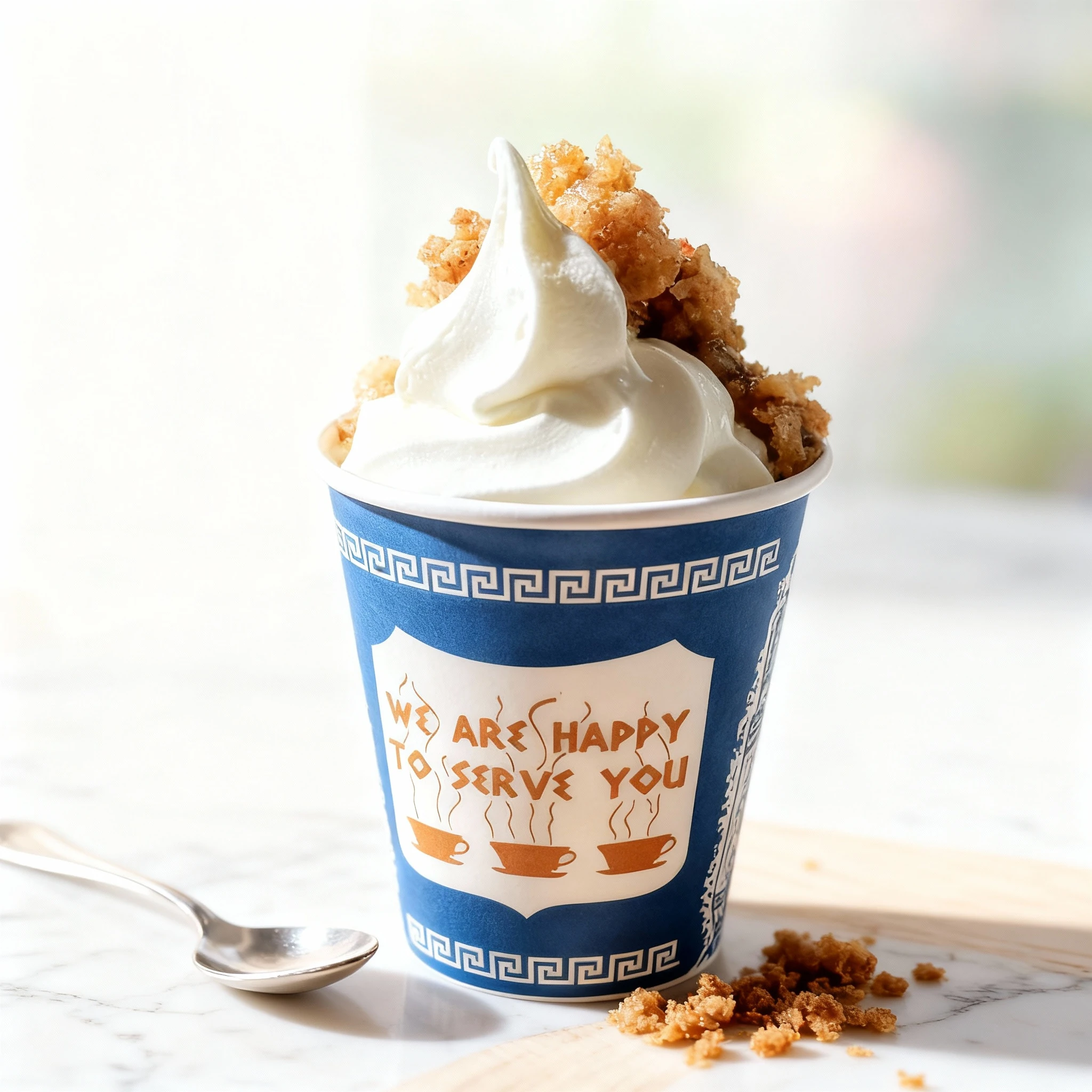 A serving of swirled soft serve ice cream presented in a disposable blue and white paper cup, topped generously with a coarse, crispy brown crumb topping.