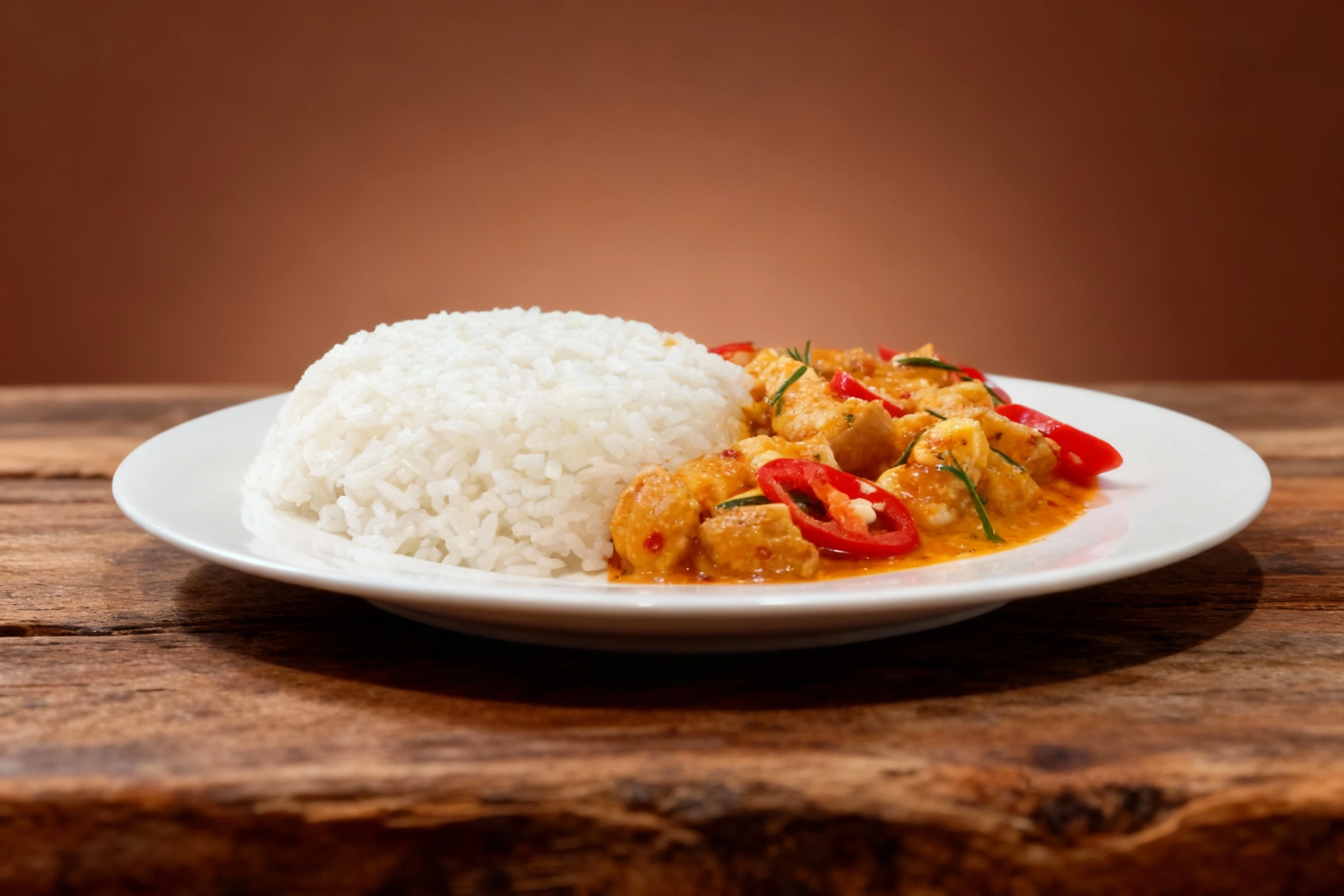 A dish featuring a dome of steamed white rice served alongside pieces of chicken or fish in a vibrant orange-red Thai curry sauce, garnished with fresh slices o