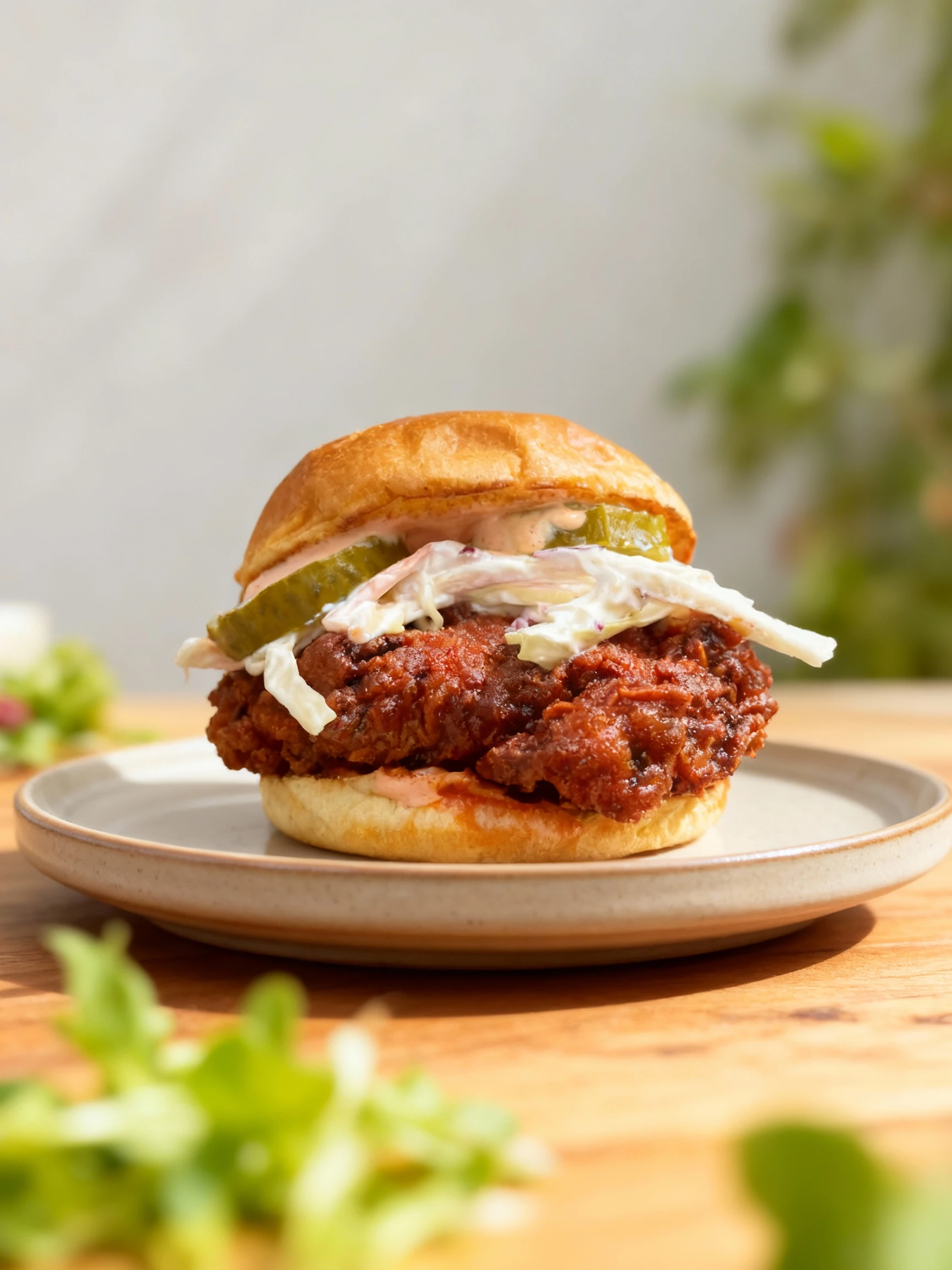 A spicy fried chicken sandwich served on a golden brioche bun, featuring a thick, dark red-coated chicken fillet, creamy coleslaw, sliced dill pickles, and a vi