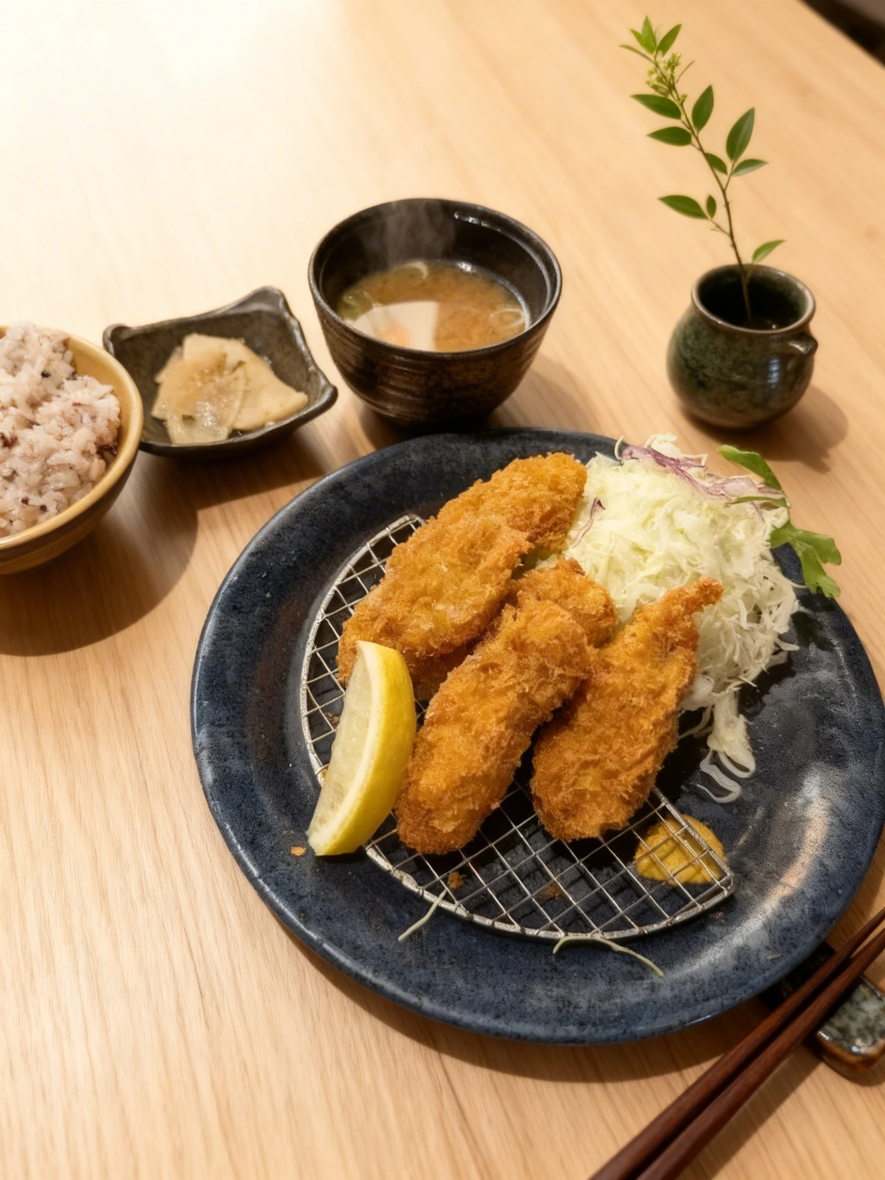 A Japanese set meal featuring deep-fried breaded cutlets on a wire rack with shredded cabbage, lemon, and mustard, accompanied by multi-grain rice, miso soup, a