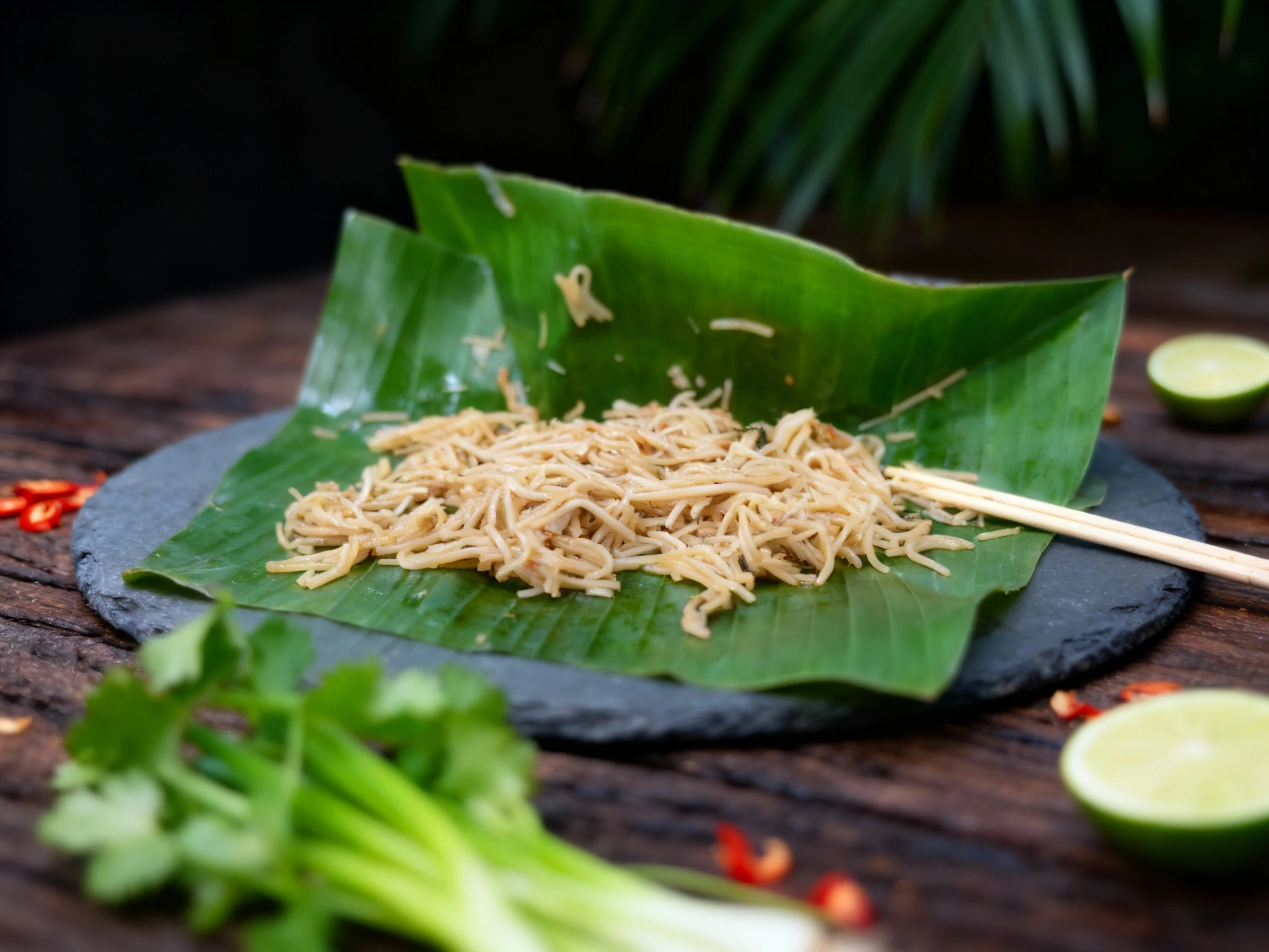 A serving of stir-fried thin noodles, lightly seasoned and mixed with small pieces of herbs or vegetables, presented directly on a vibrant green banana leaf.