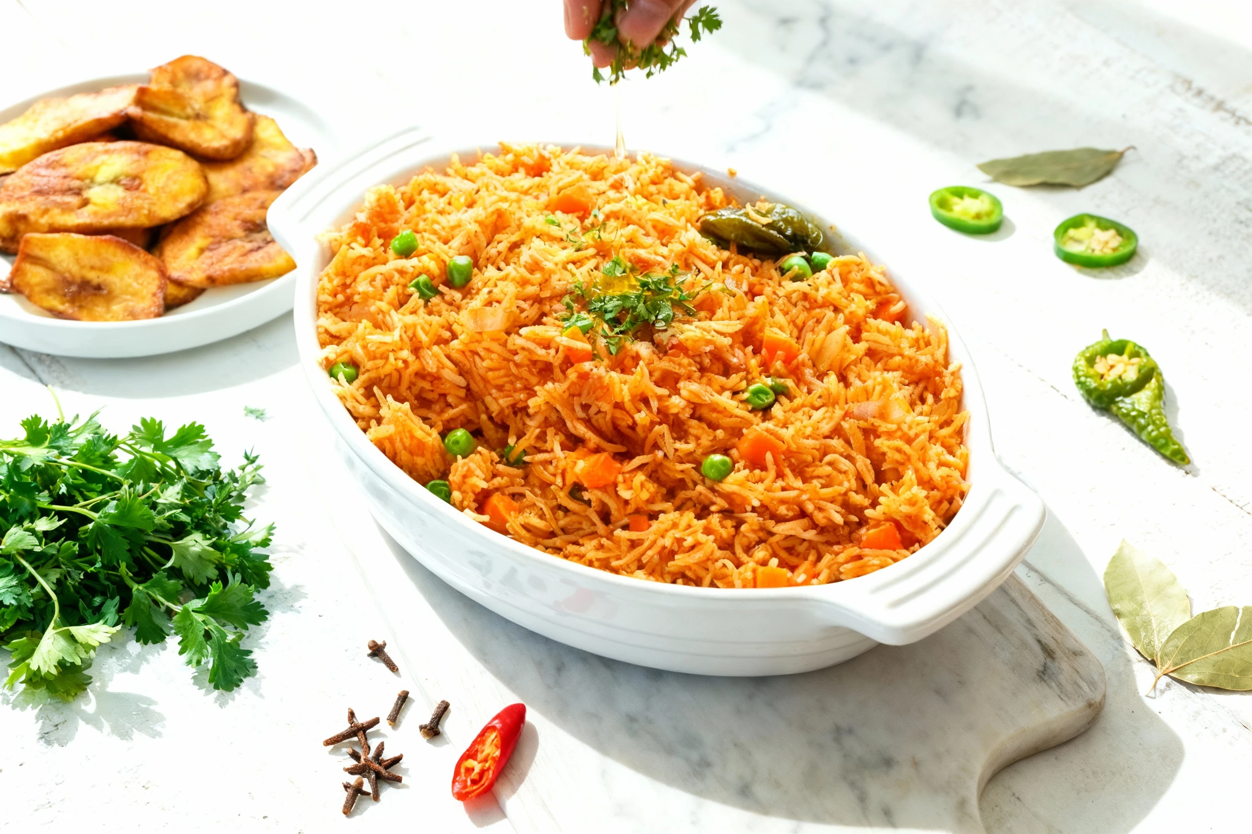 Jollof rice mixed with green peas, diced carrots, and onions, served in a white ceramic dish with a side of fried plantains.