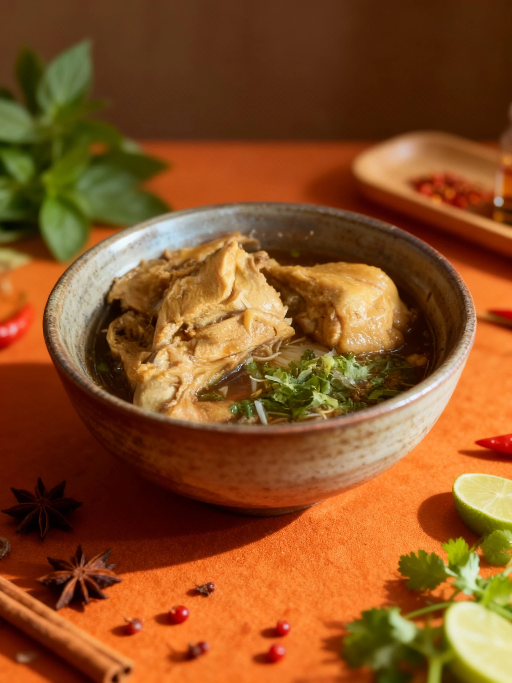 Thai braised chicken noodle soup featuring large pieces of bone-in chicken in a dark savory broth with rice noodles and chopped herbs.