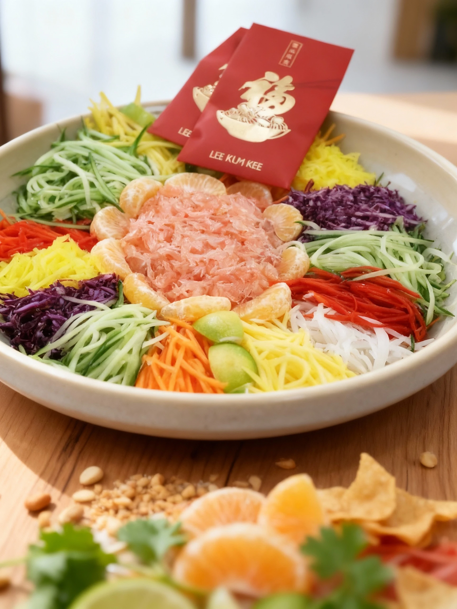 A colorful Yu Sheng (Prosperity Toss) salad featuring a central mound of shredded pomelo or grapefruit surrounded by organized segments of julienned vegetables