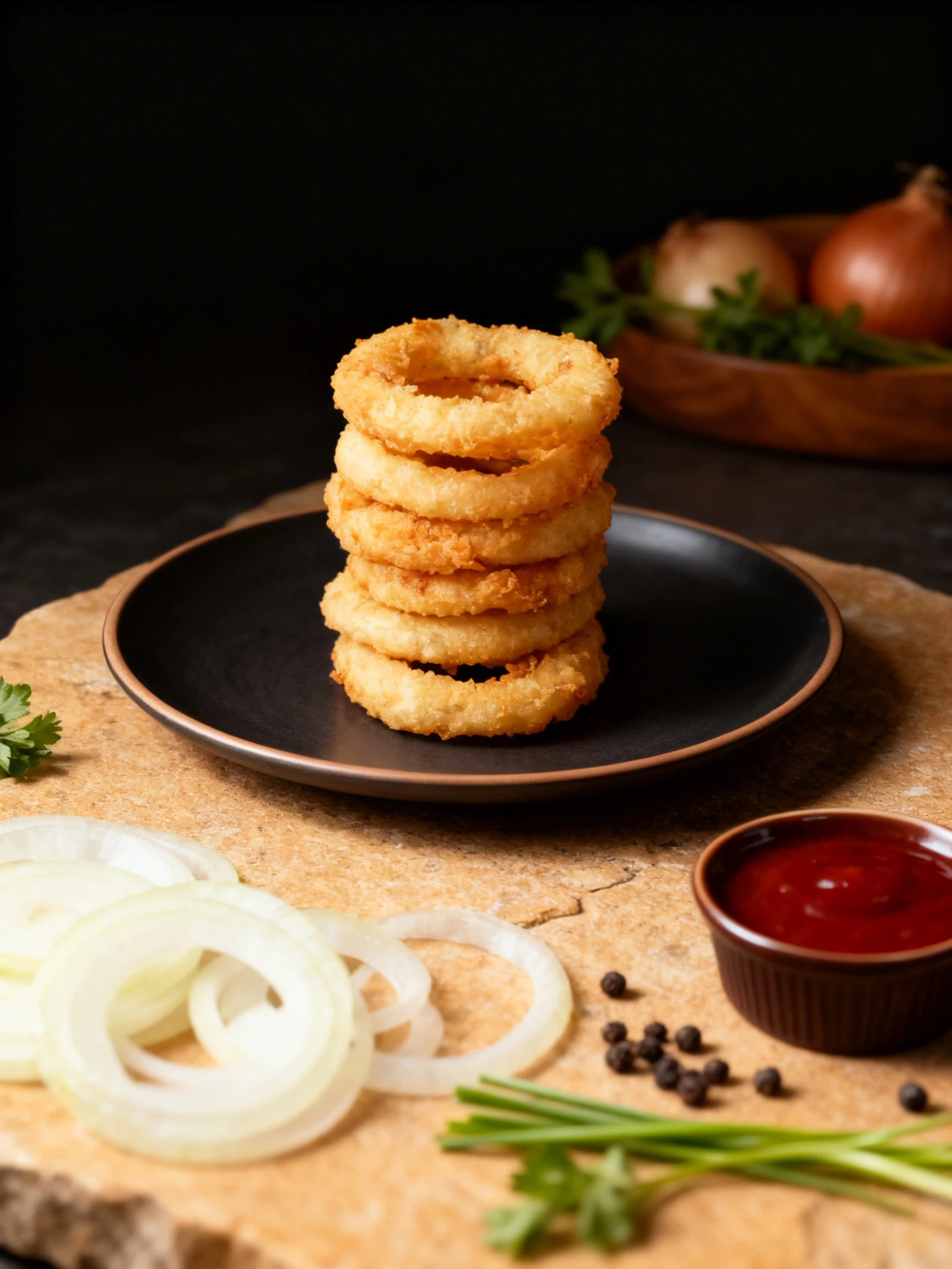 A pile of battered and fried onion rings served on a white plate with a black floral pattern.