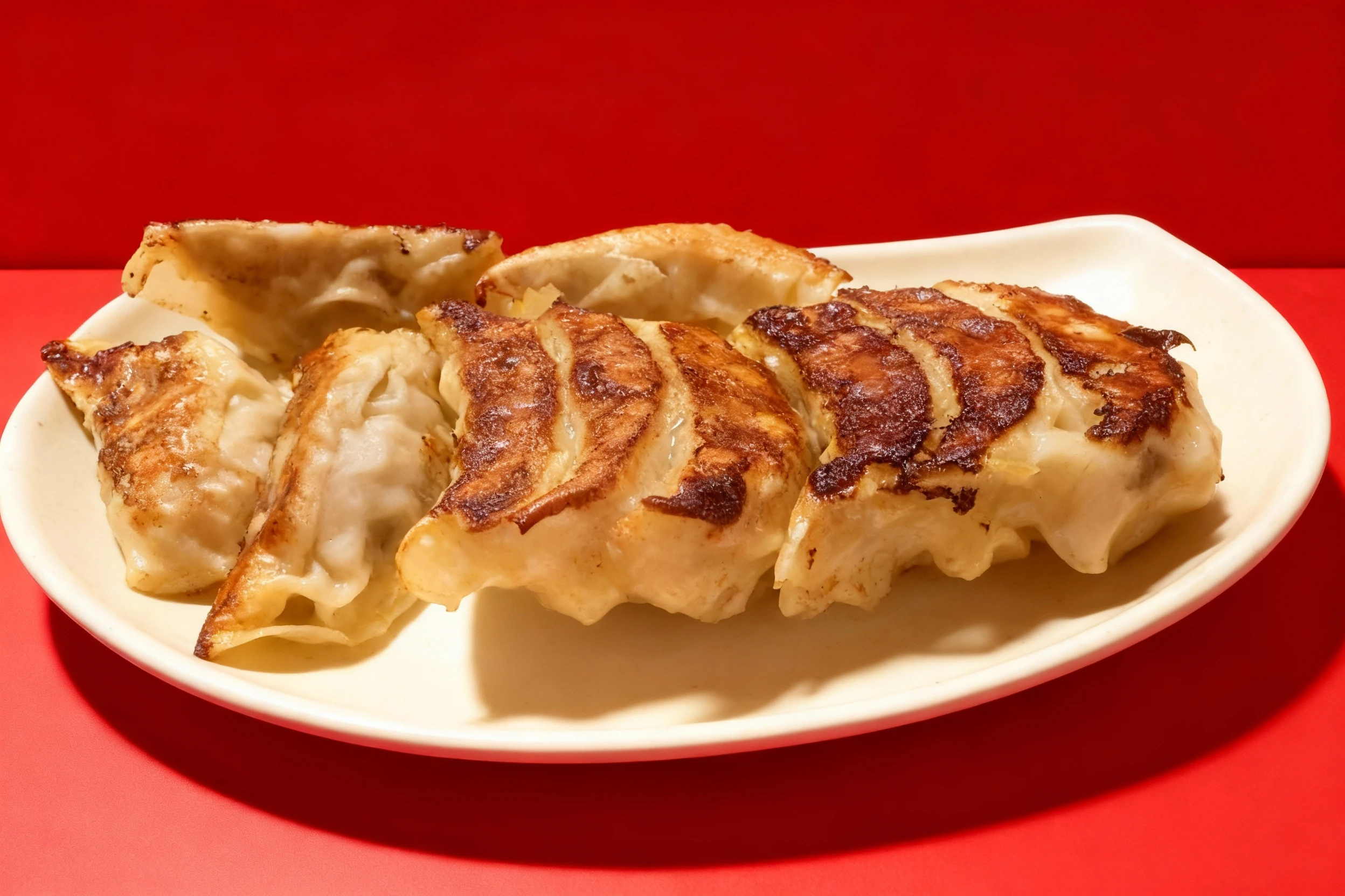 A serving of pan-fried Gyoza dumplings, tightly arranged on a plate, featuring a crispy, browned crust on the bottom side of each dumpling.