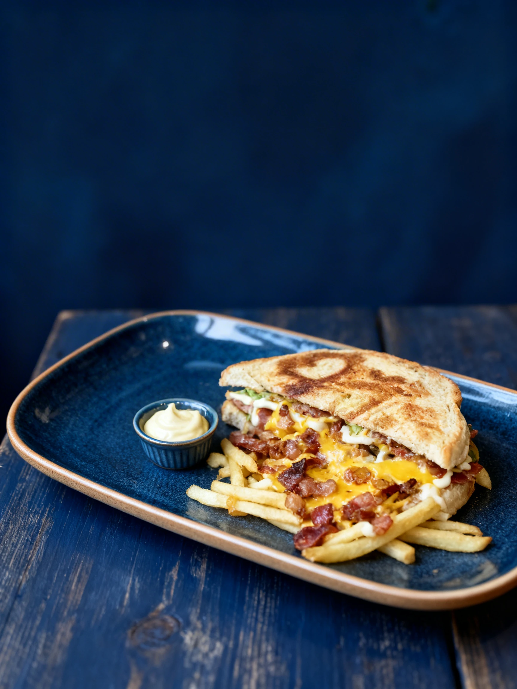 A toasted sandwich platter including loaded fries topped with melted cheese and bacon bits, served with small cups of mustard and mayonnaise.