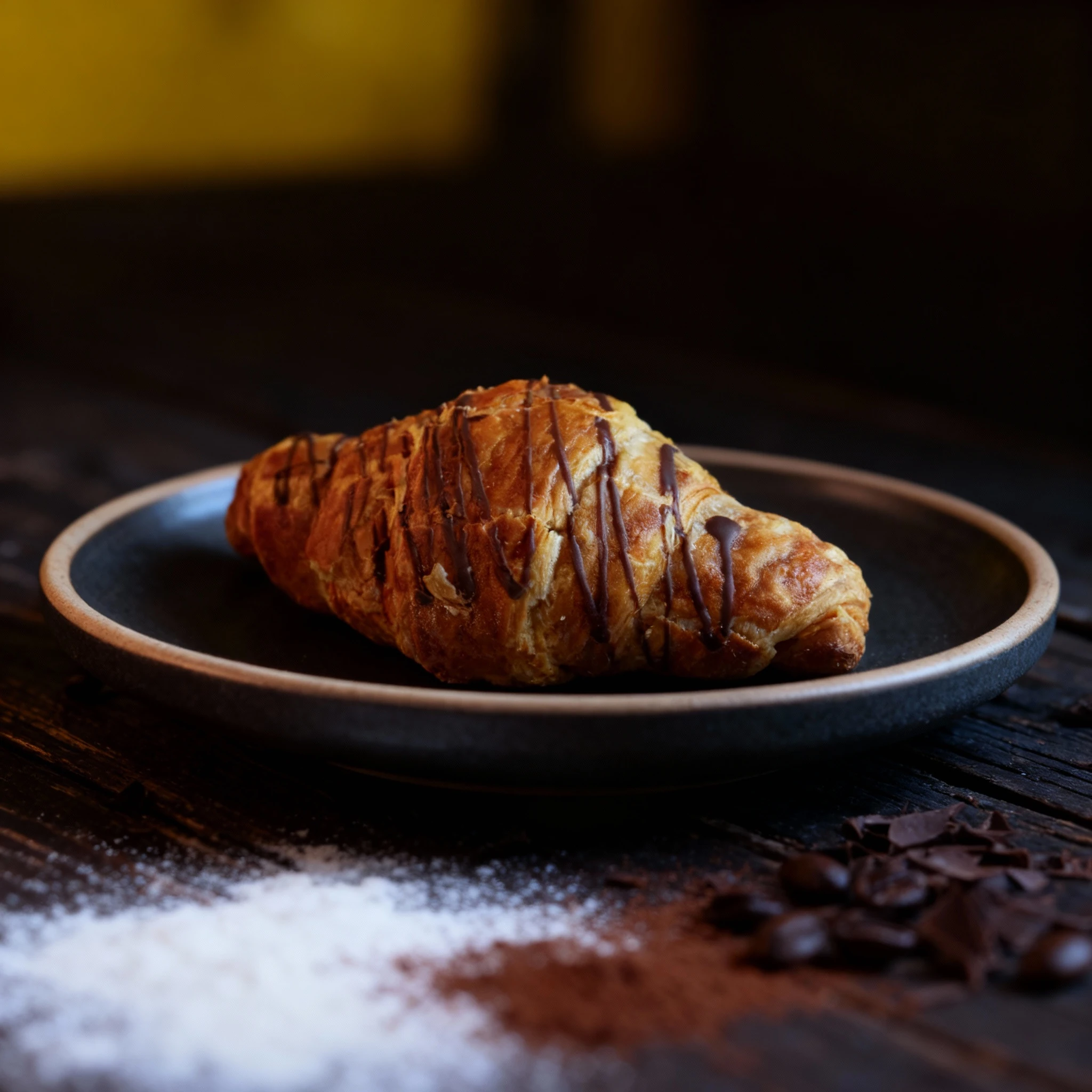 A golden-brown flaky croissant drizzled generously with dark chocolate icing.
