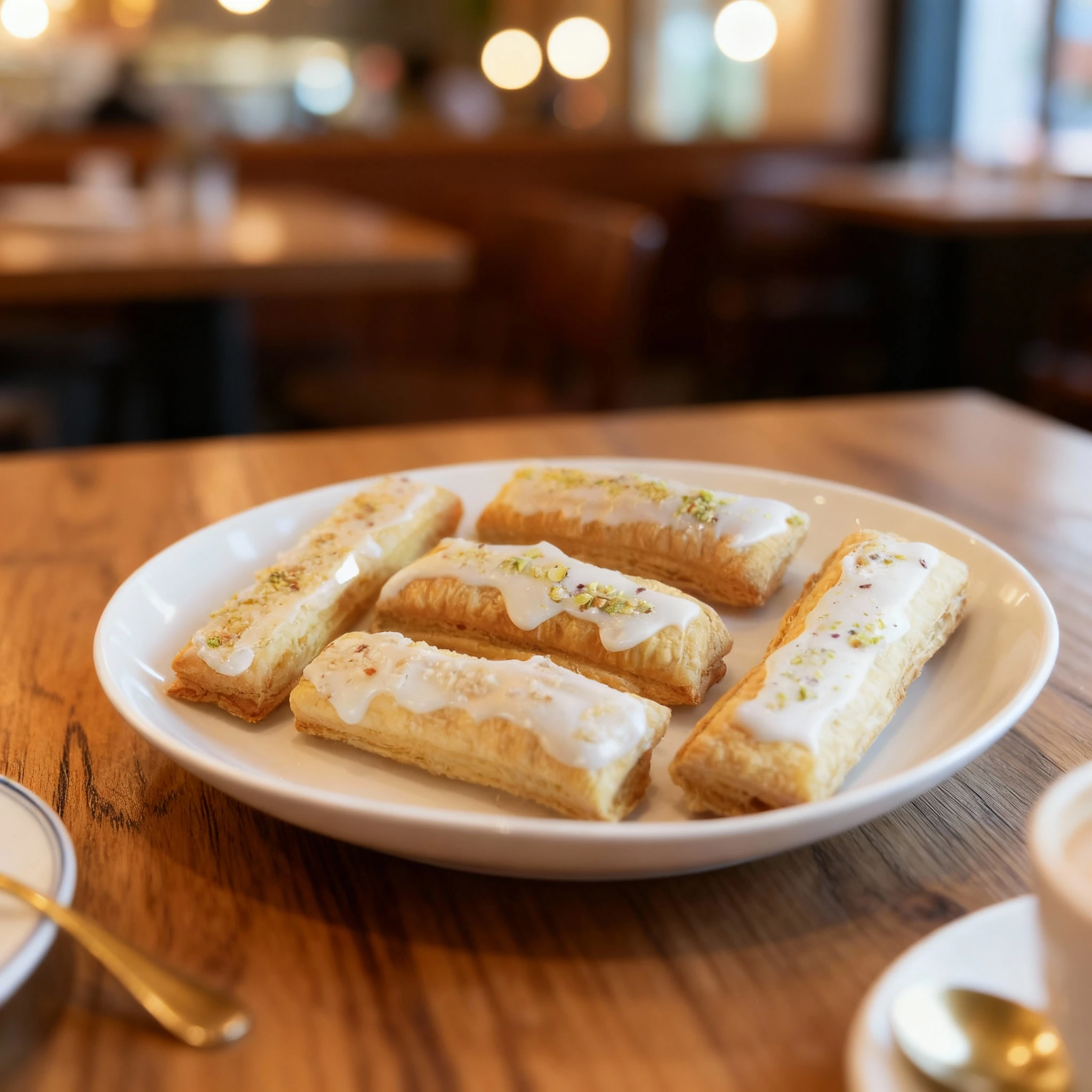 These are glazed puff pastry sticks, or palmiers, featuring golden, flaky layers topped with a sweet white icing and garnished with colorful chopped nuts, predo