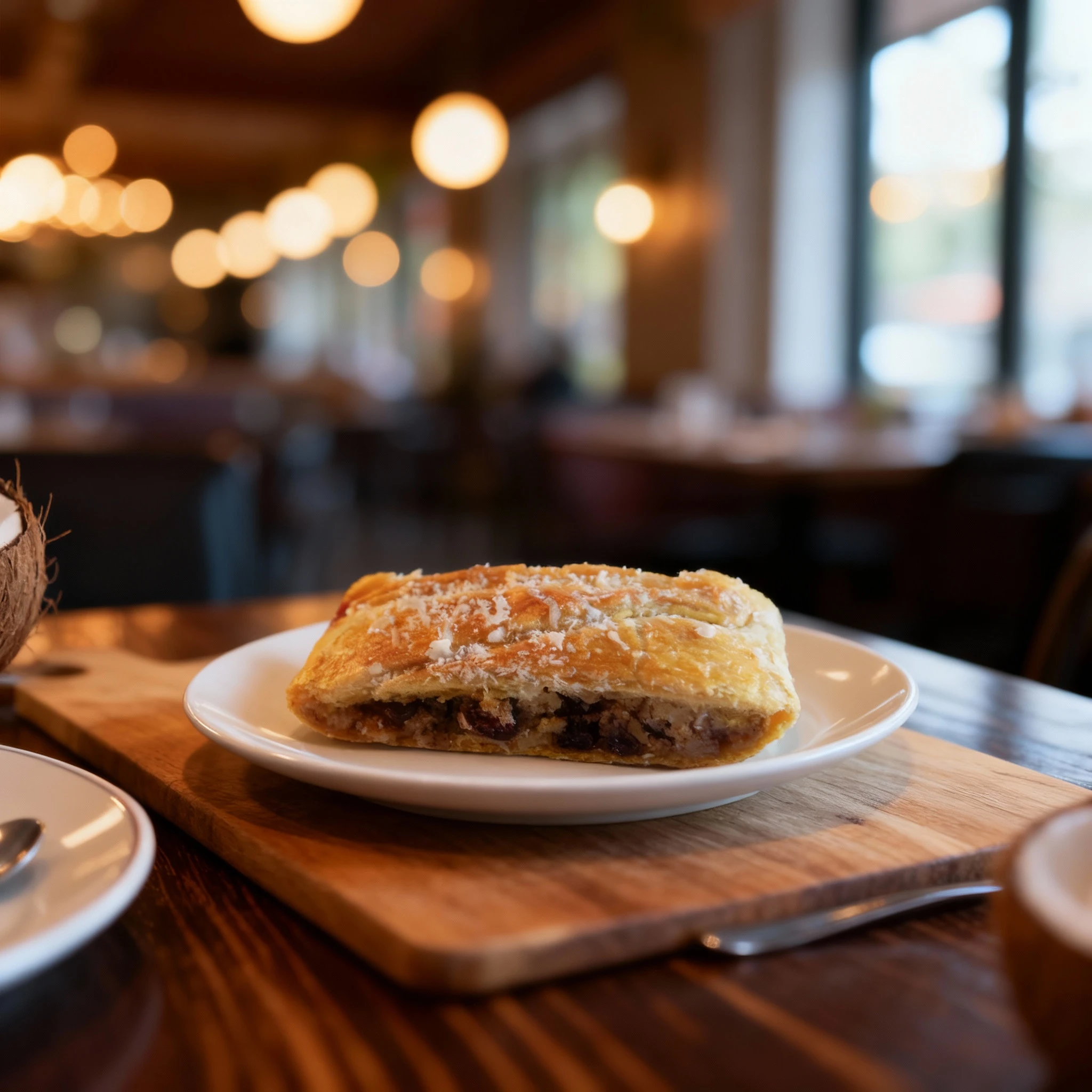 A cross-section of a golden, flaky pastry pocket, likely a strudel or turnover, dusted with shredded coconut on top. The dense interior filling contains dark pi
