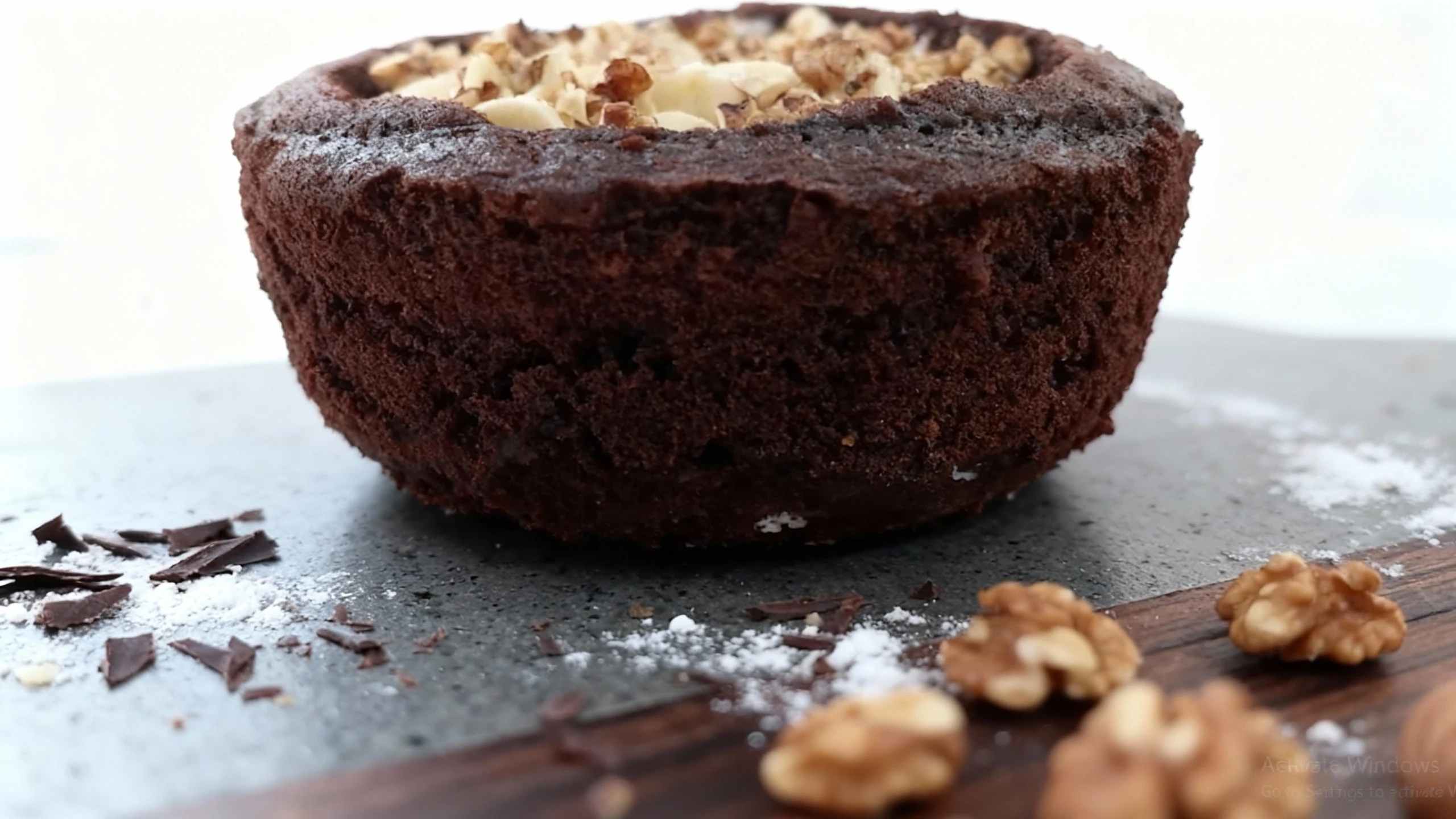 A deep, rustic chocolate cake or brownie bowl filled with a creamy white layer, generously topped with overlapping slices of banana and chopped walnuts.