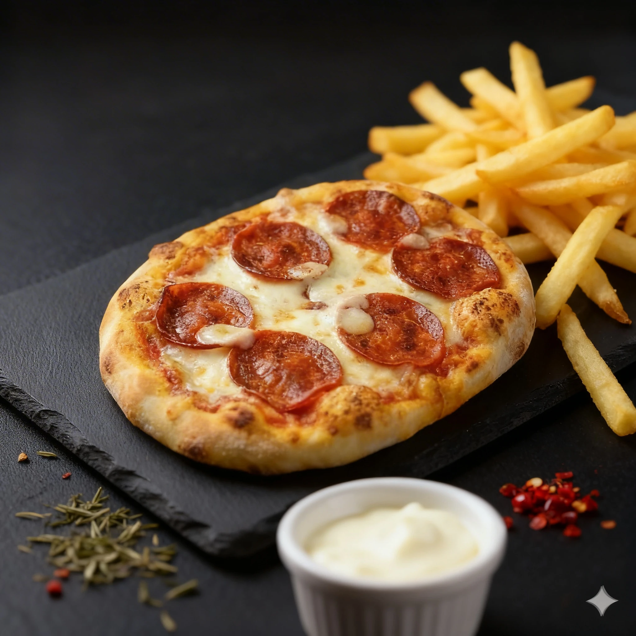 Mini pepperoni pizza with melted mozzarella cheese served alongside a metal basket of French fries and a can of Coca-Cola on a slate platter.