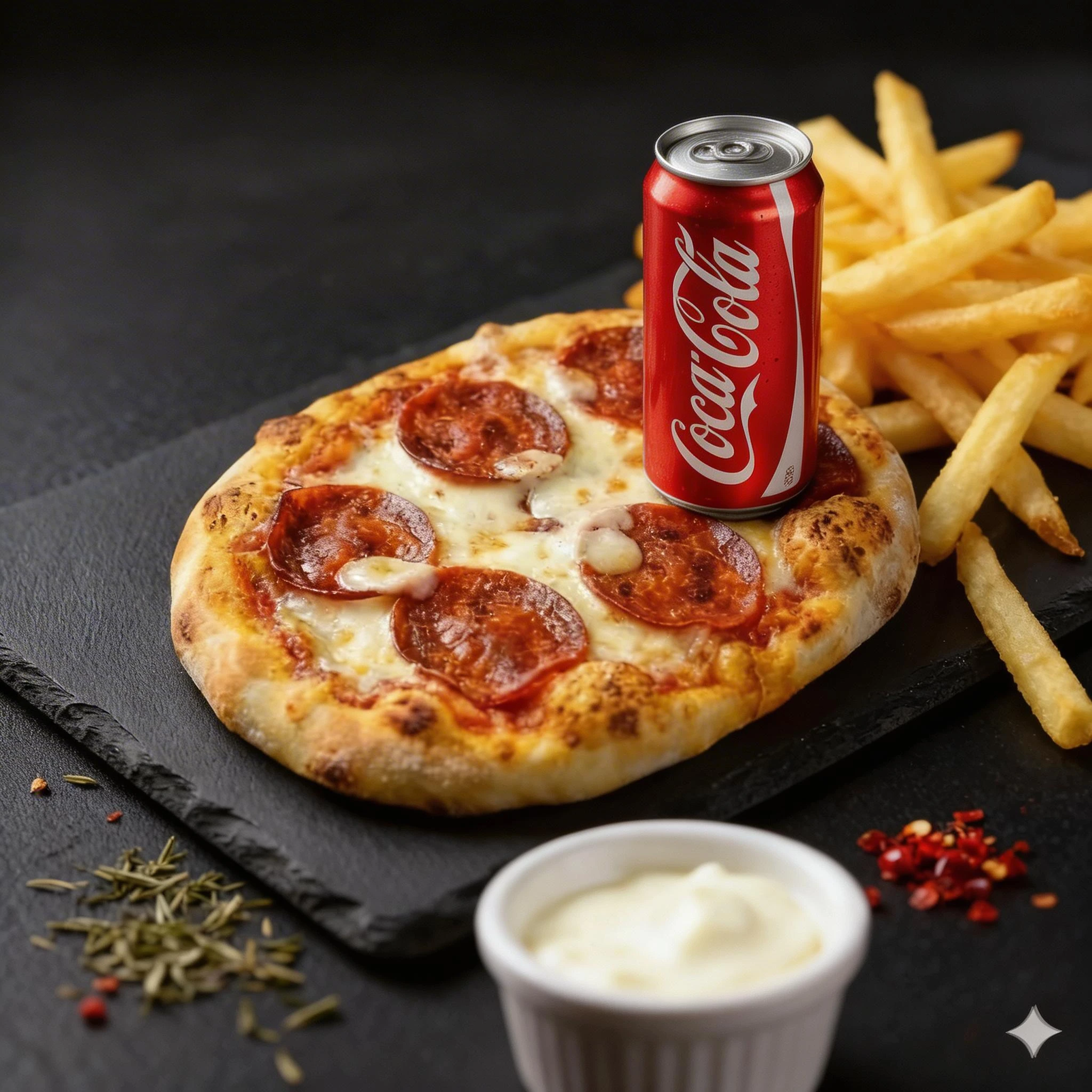 Mini pepperoni pizza with melted mozzarella cheese served alongside a metal basket of French fries and a can of Coca-Cola on a slate platter.