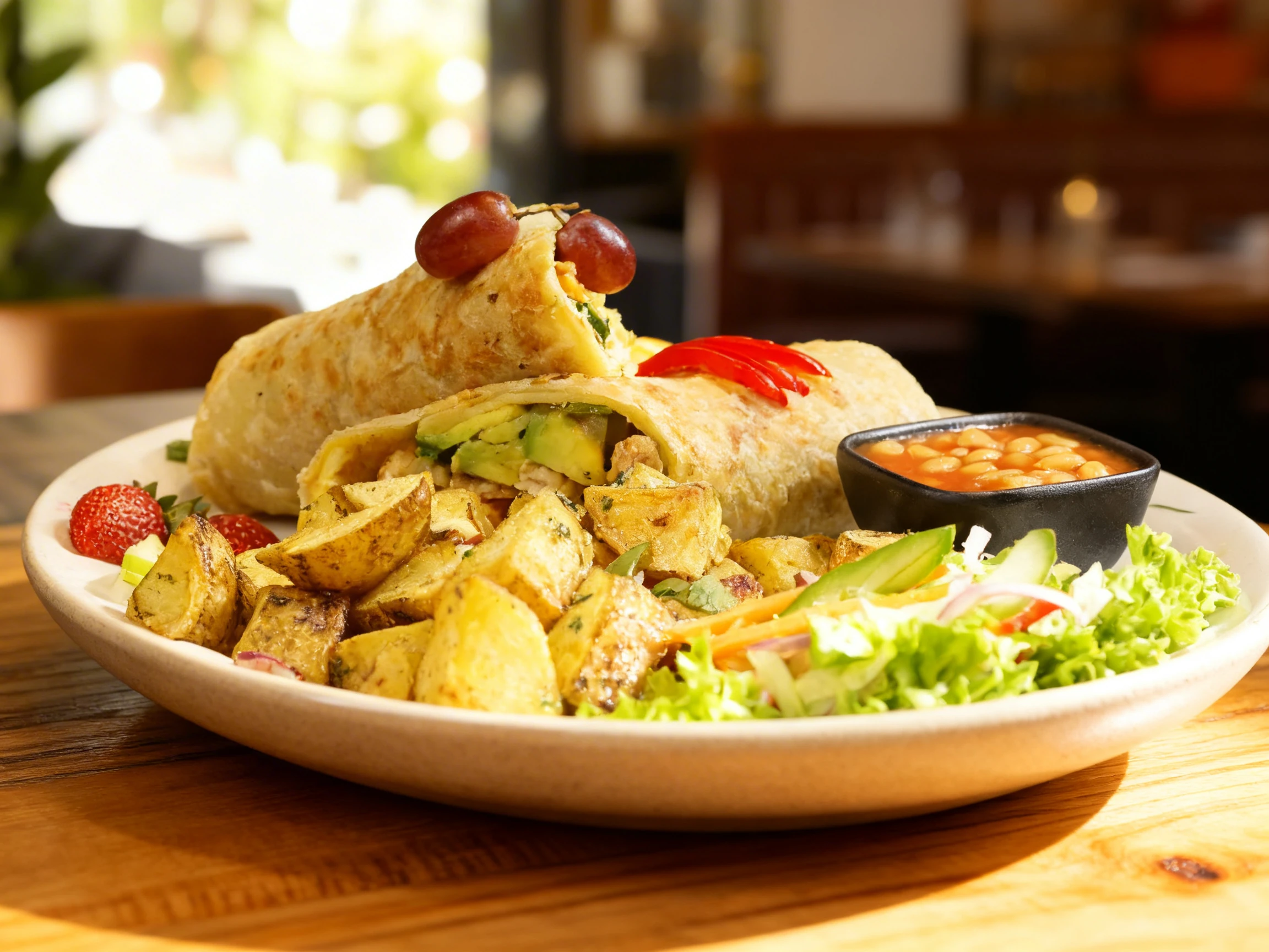 A breakfast platter featuring sliced wraps filled with avocado and chicken, served with herb-roasted potatoes, baked beans, a fresh garden salad, and garnished