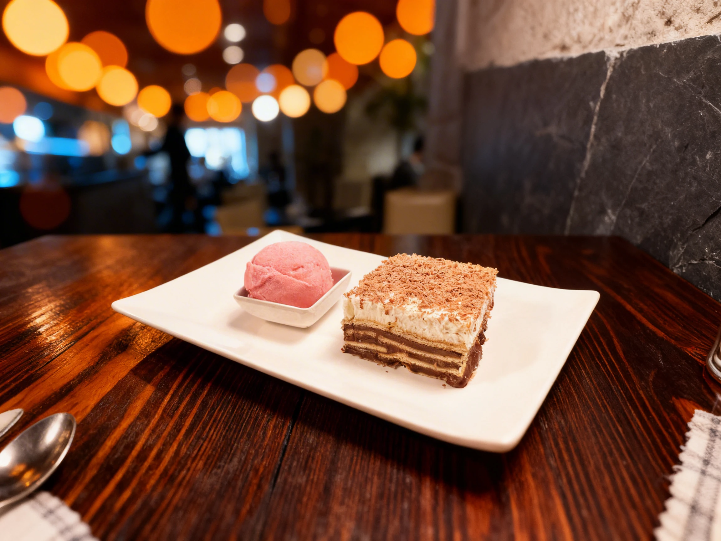 A square of layered chocolate biscuit cake topped with a thick layer of whipped cream and chocolate shavings, served with a scoop of pink fruit sorbet in a smal