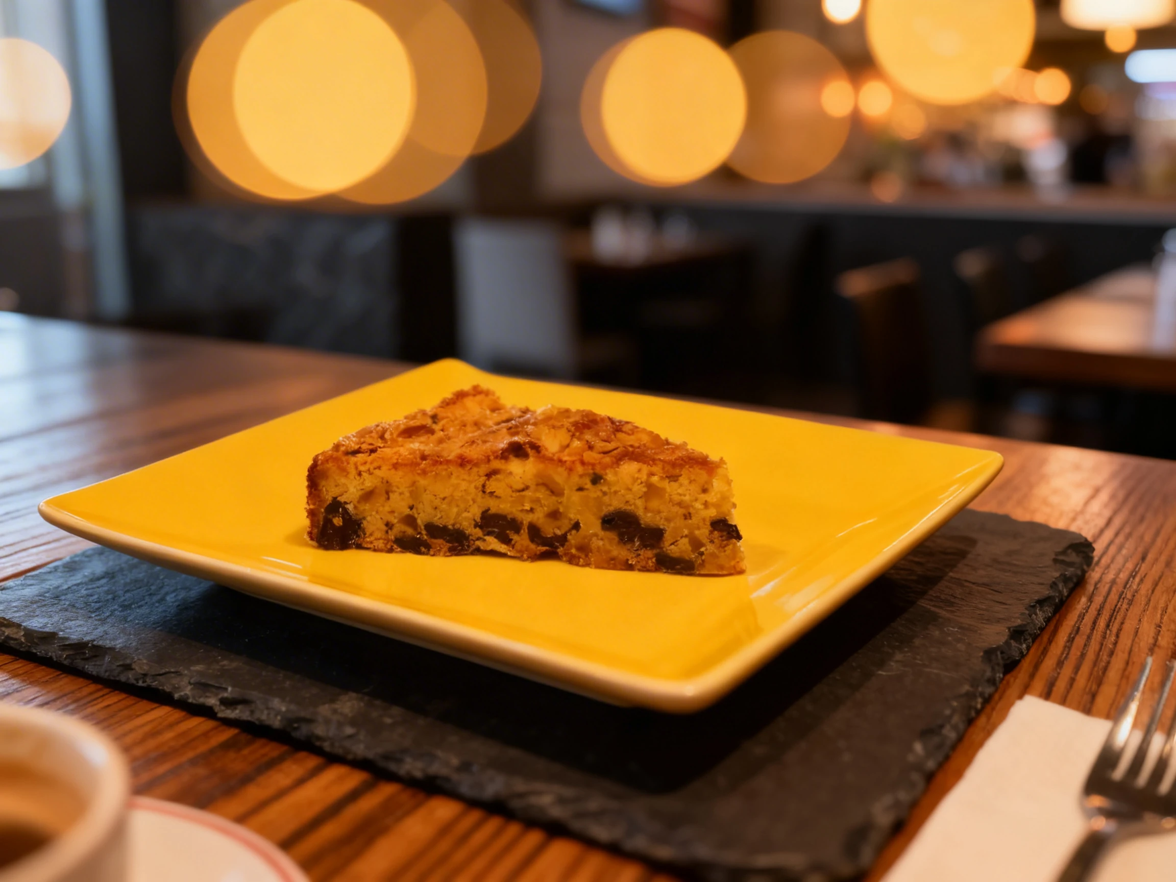 A wedge of baked cake or tart featuring a golden crust and dark fruit or nut inclusions, served on a plain square plate.